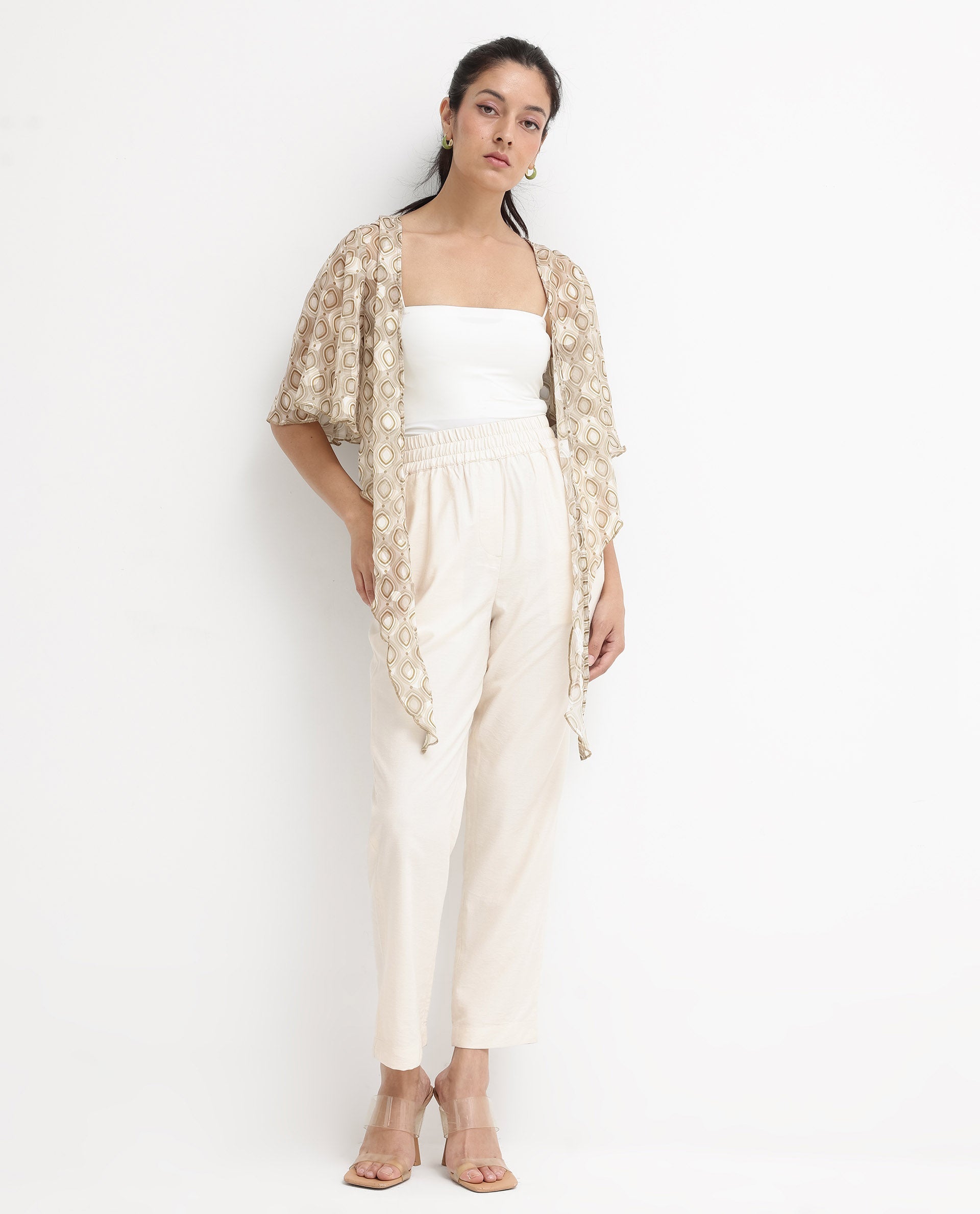 Women'S Crotone Light Beige Ruffled Sleeves Collarless Relaxed Fit Geometric Print Cropped Top