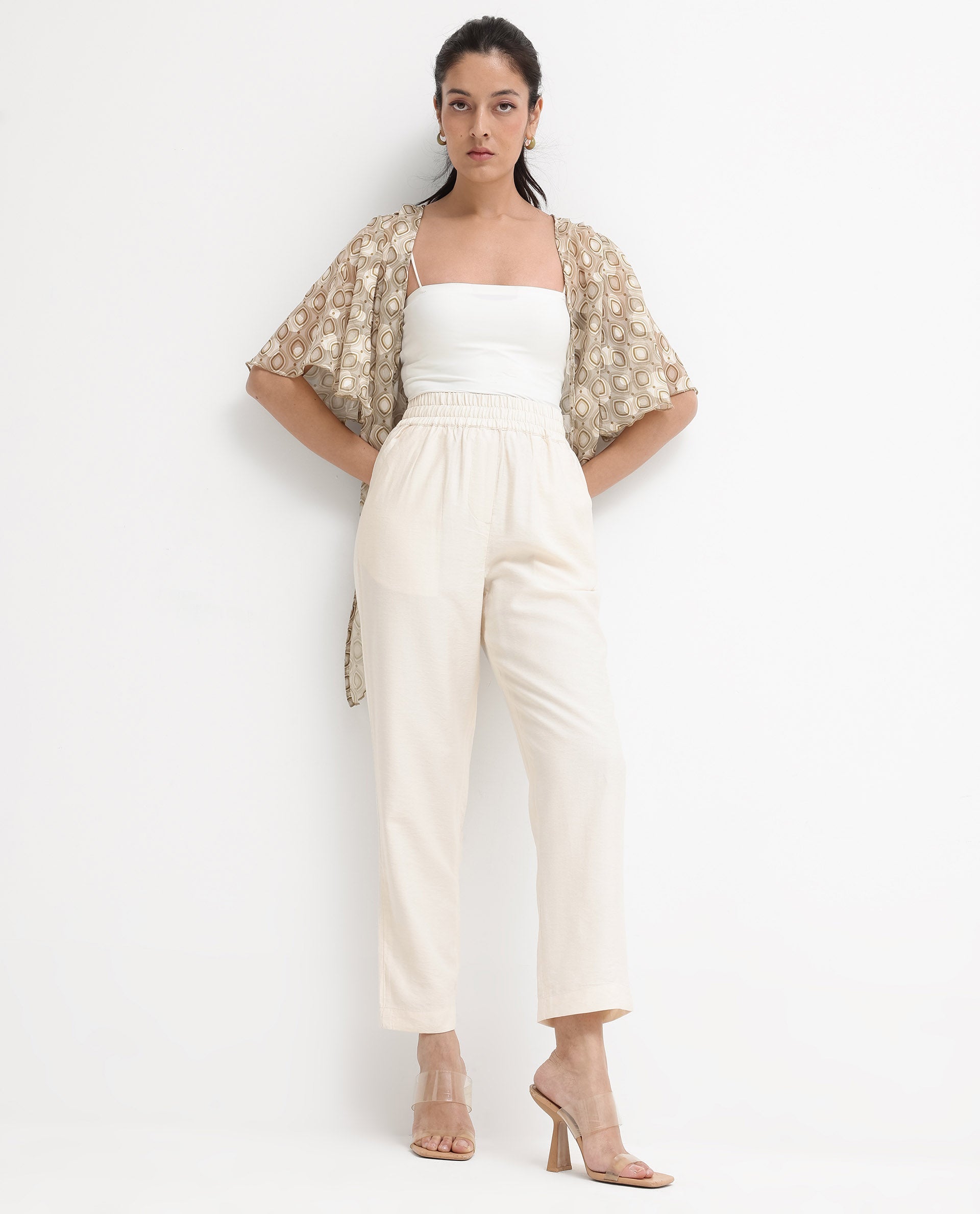 Women'S Crotone Light Beige Ruffled Sleeves Collarless Relaxed Fit Geometric Print Cropped Top