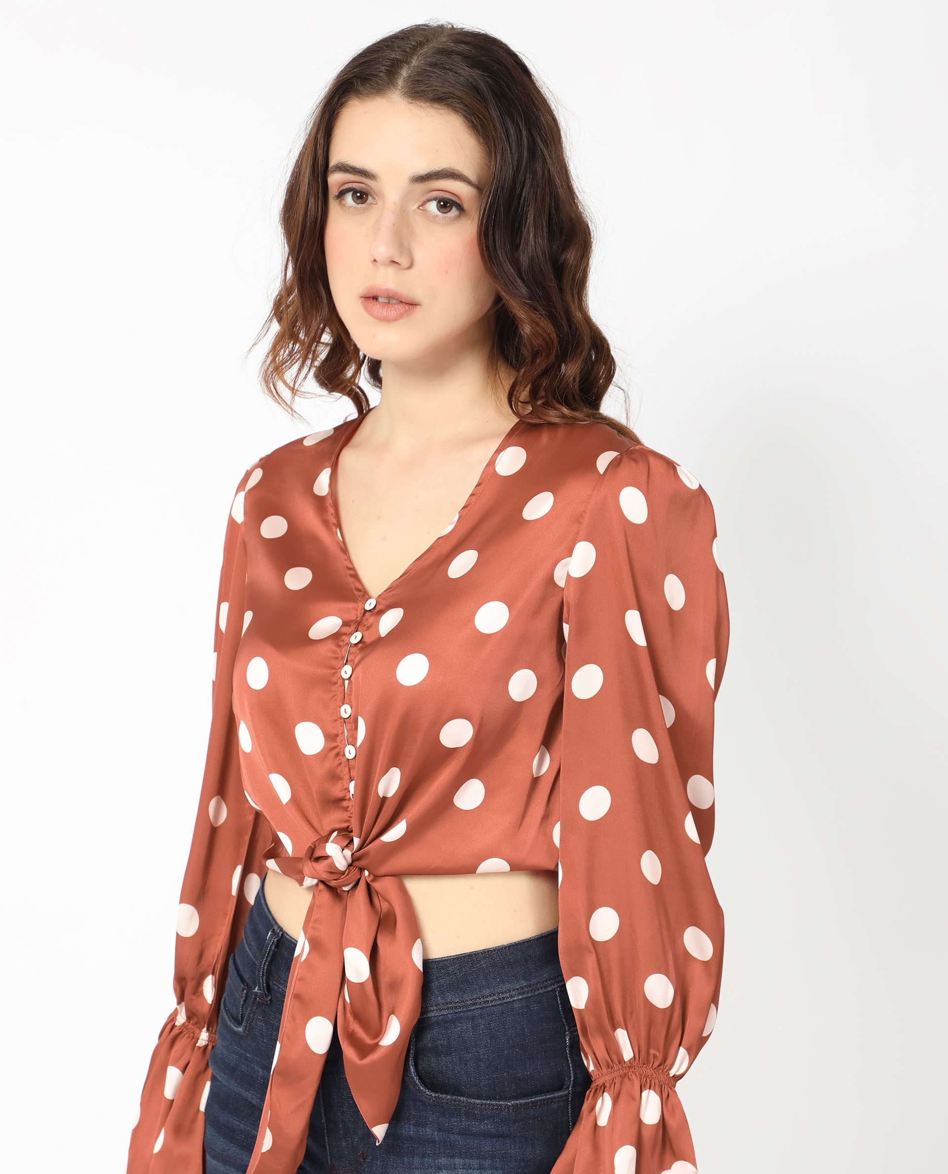 Women'S Darty Brown Polyester Fabric Full Sleeves Button Closure V-Neck Balloon Sleeve Regular Fit Polka Cropped Top