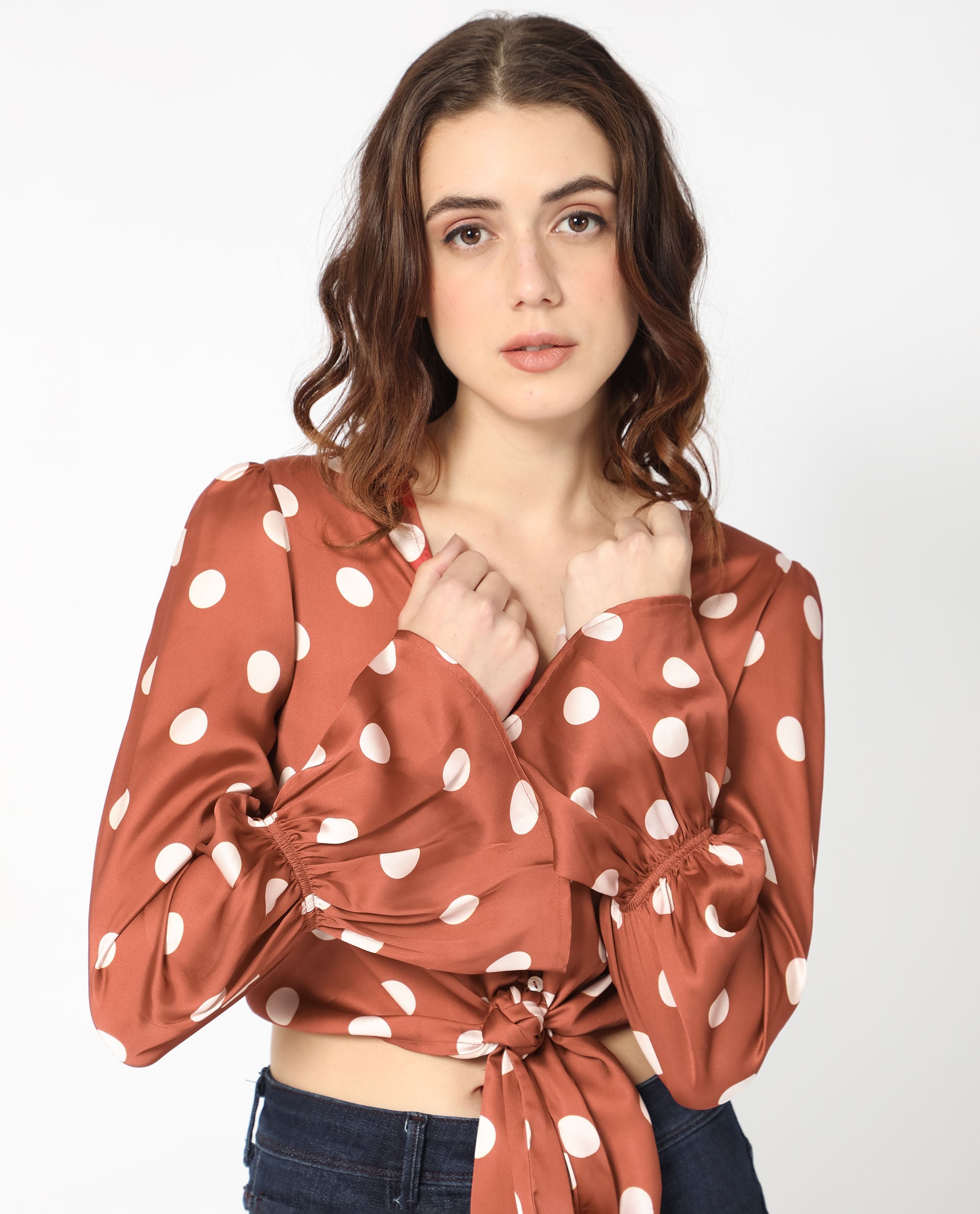 Women'S Darty Brown Polyester Fabric Full Sleeves Button Closure V-Neck Balloon Sleeve Regular Fit Polka Cropped Top