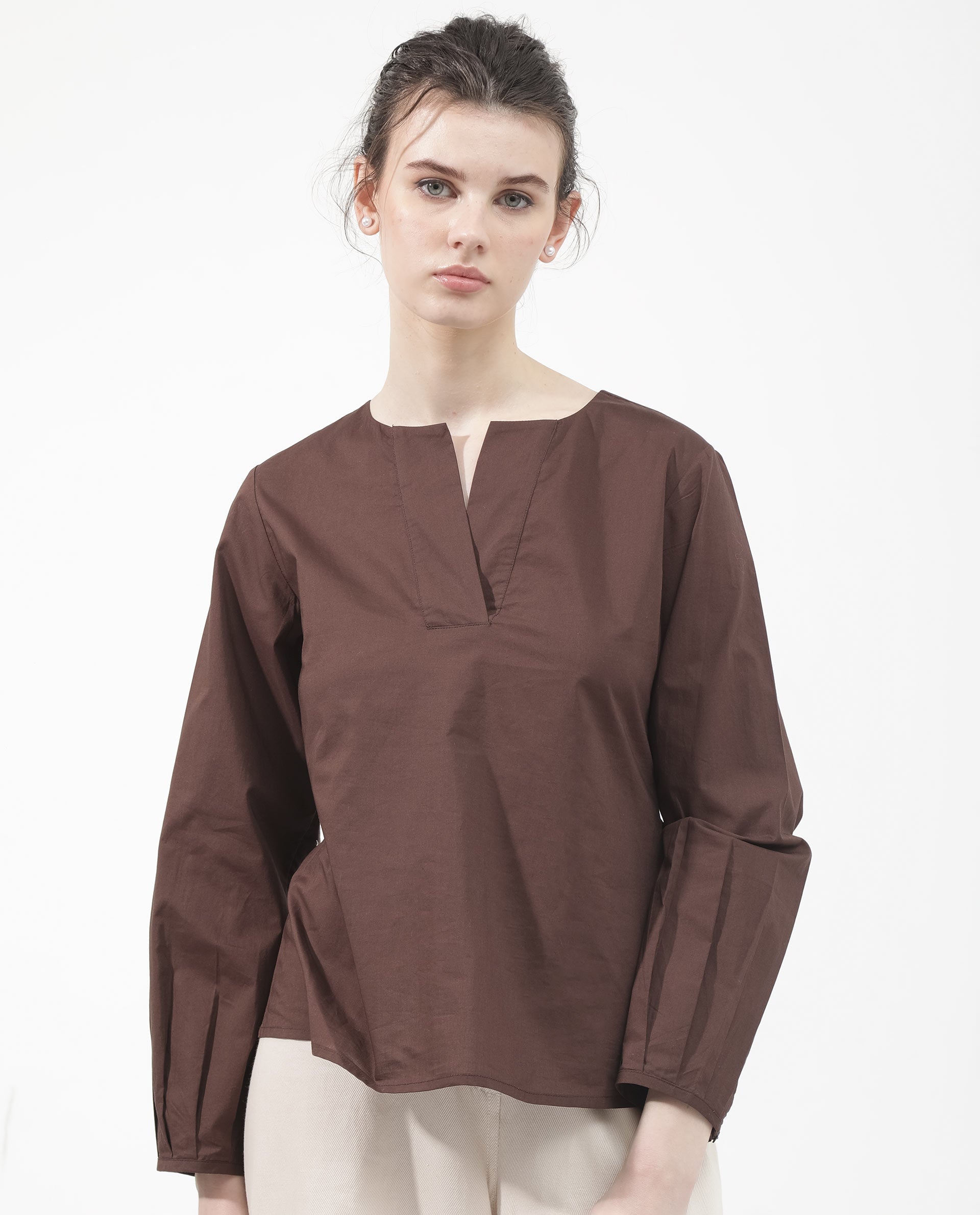 Women'S Dione Brown Cotton Fabric Full Sleeve Mandarin Collar Solid Regular Fit Top