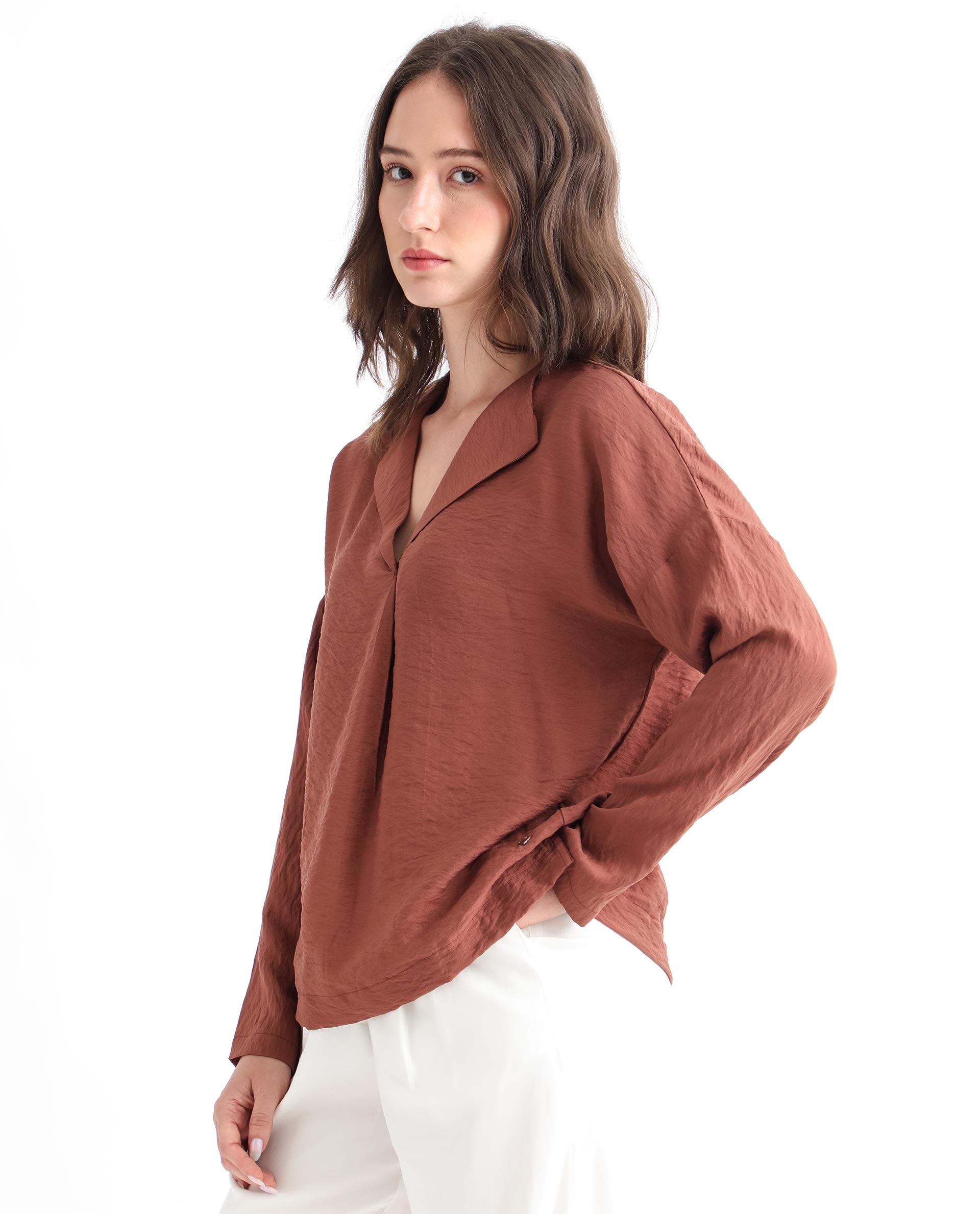 Women'S Drap Brown Viscose Nylon Fabric Full Sleeves Lapel Neck Relaxed Fit Plain Knee Length Top