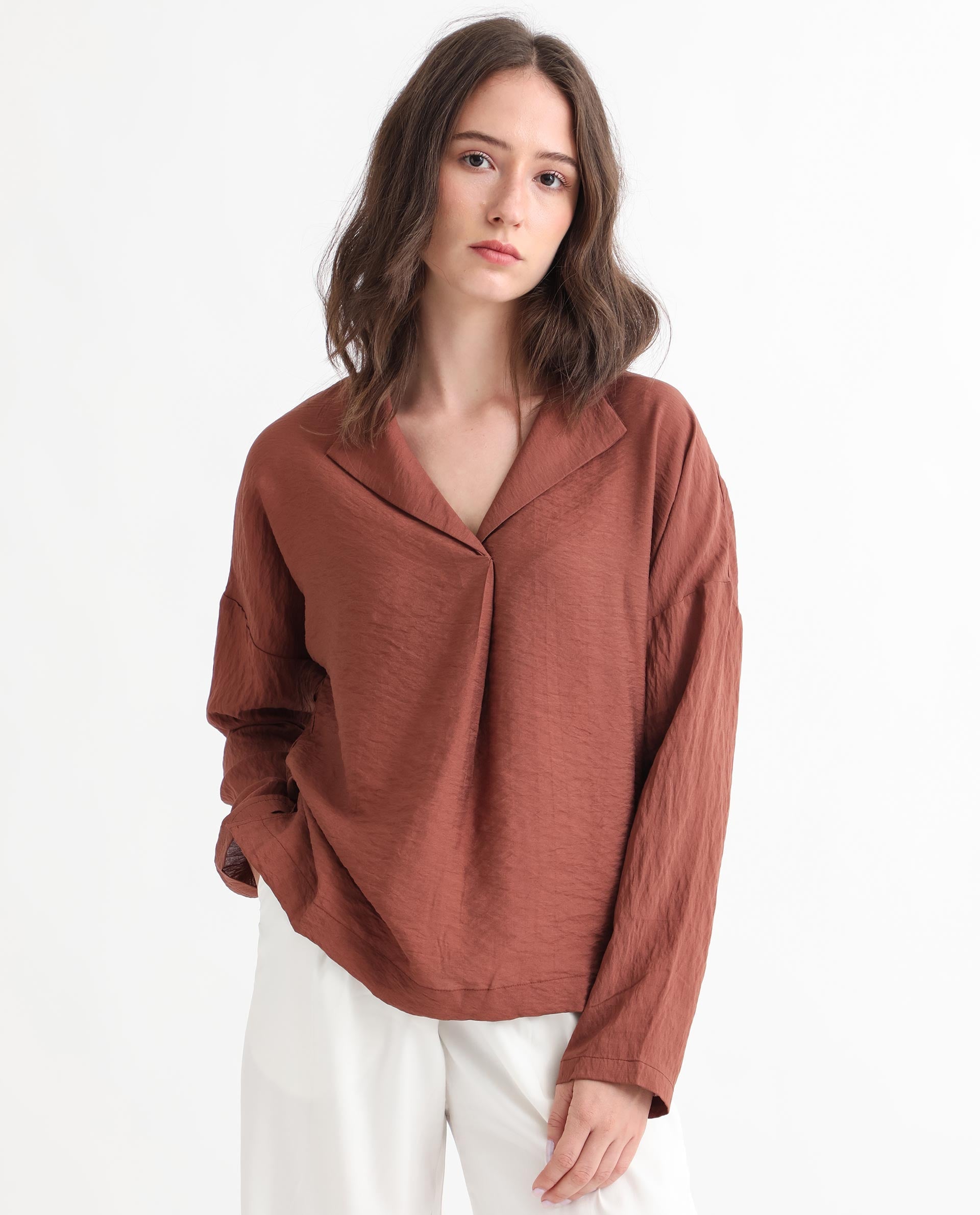 Women'S Drap Brown Viscose Nylon Fabric Full Sleeves Lapel Neck Relaxed Fit Plain Knee Length Top