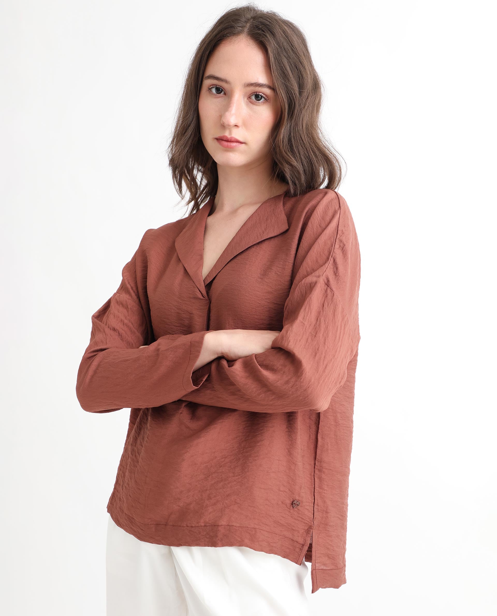 Women'S Drap Brown Viscose Nylon Fabric Full Sleeves Lapel Neck Relaxed Fit Plain Knee Length Top