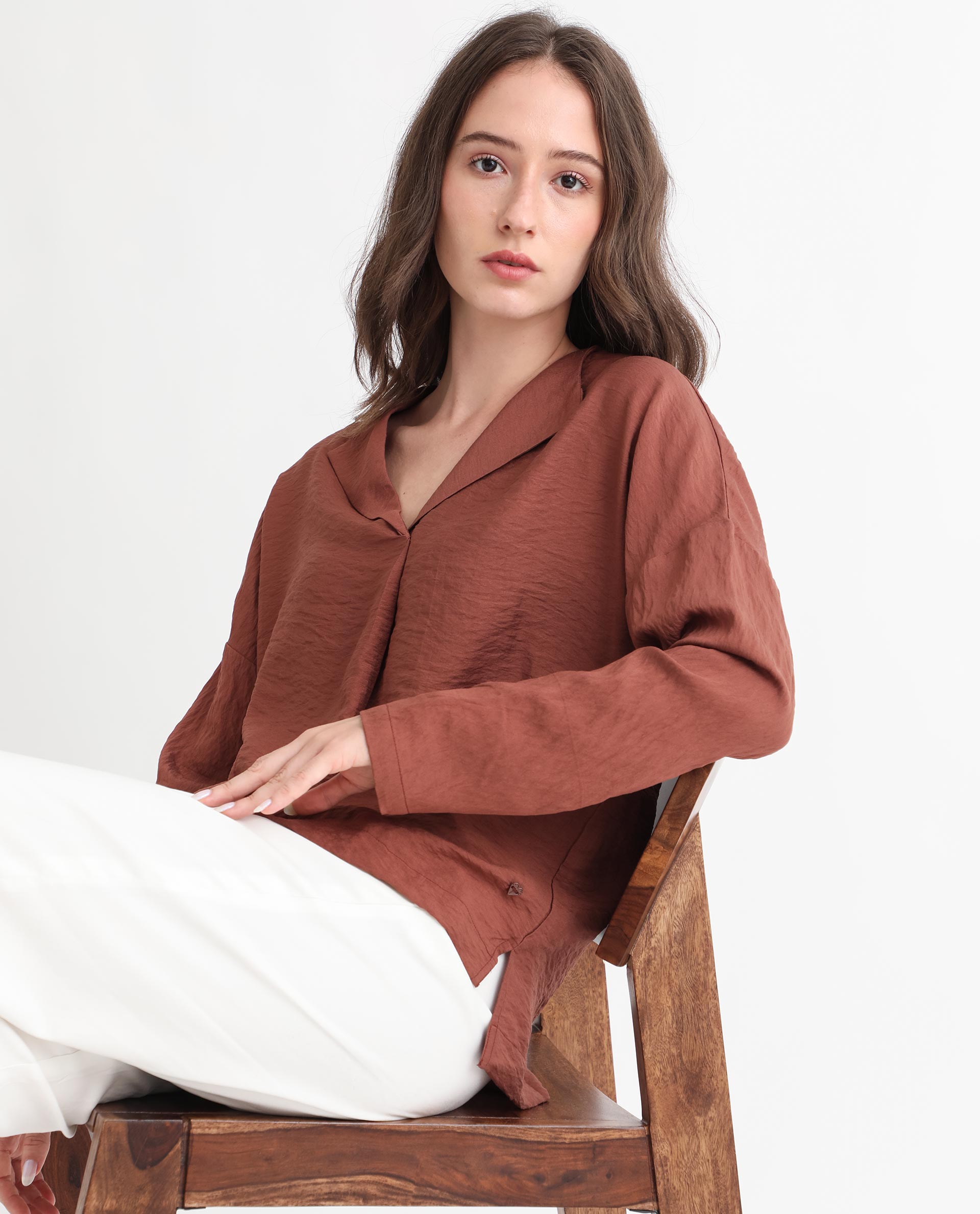 Women'S Drap Brown Viscose Nylon Fabric Full Sleeves Lapel Neck Relaxed Fit Plain Knee Length Top