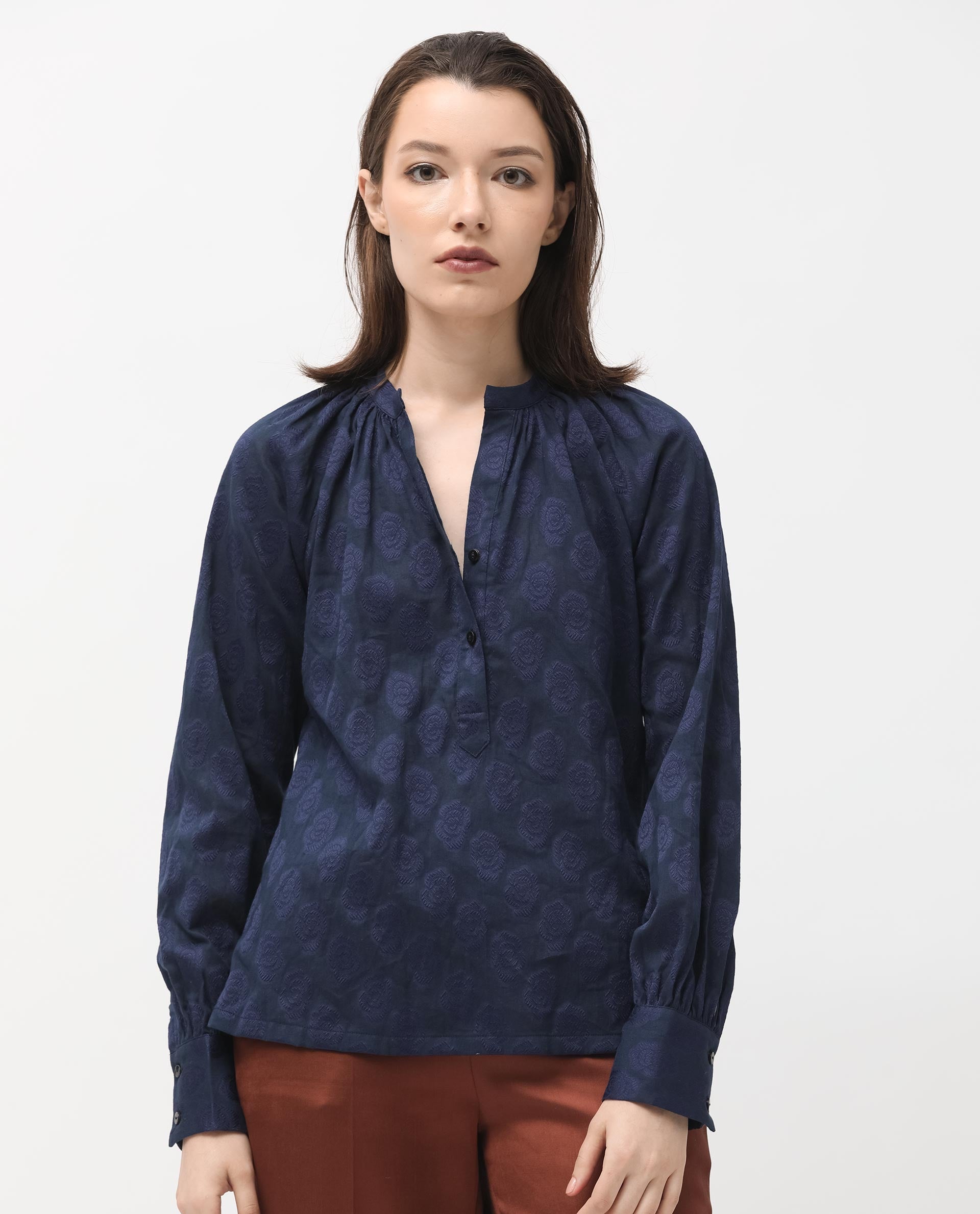 Women'S Droff Dark Blue Polyester Fabric Full Sleeves Button Closure Mandarin Collar Cuffed Sleeve Regular Fit Floral Print Blouse Top