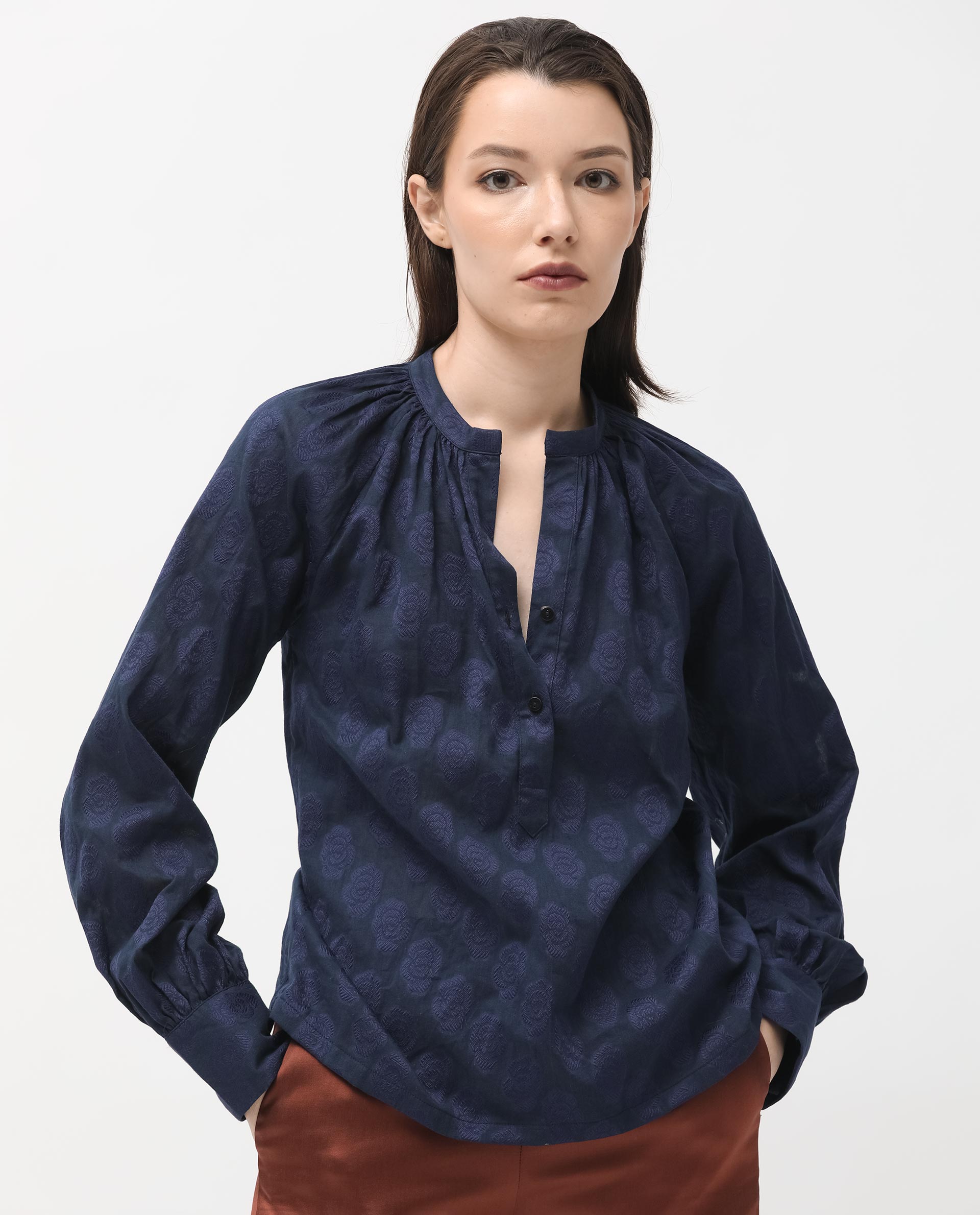 Women'S Droff Dark Blue Polyester Fabric Full Sleeves Button Closure Mandarin Collar Cuffed Sleeve Regular Fit Floral Print Blouse Top