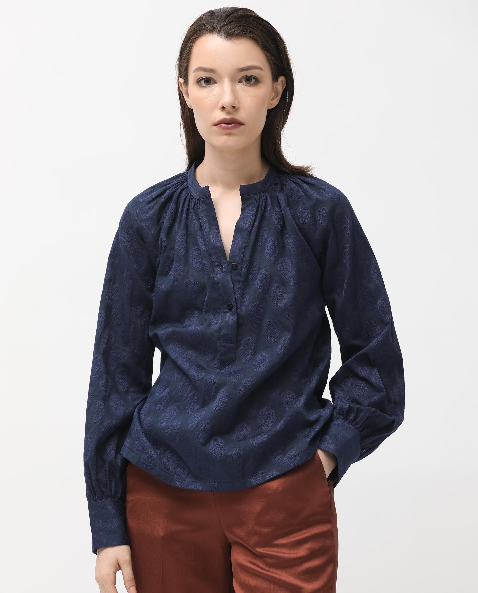 Women'S Droff Dark Blue Polyester Fabric Full Sleeves Button Closure Mandarin Collar Cuffed Sleeve Regular Fit Floral Print Blouse Top