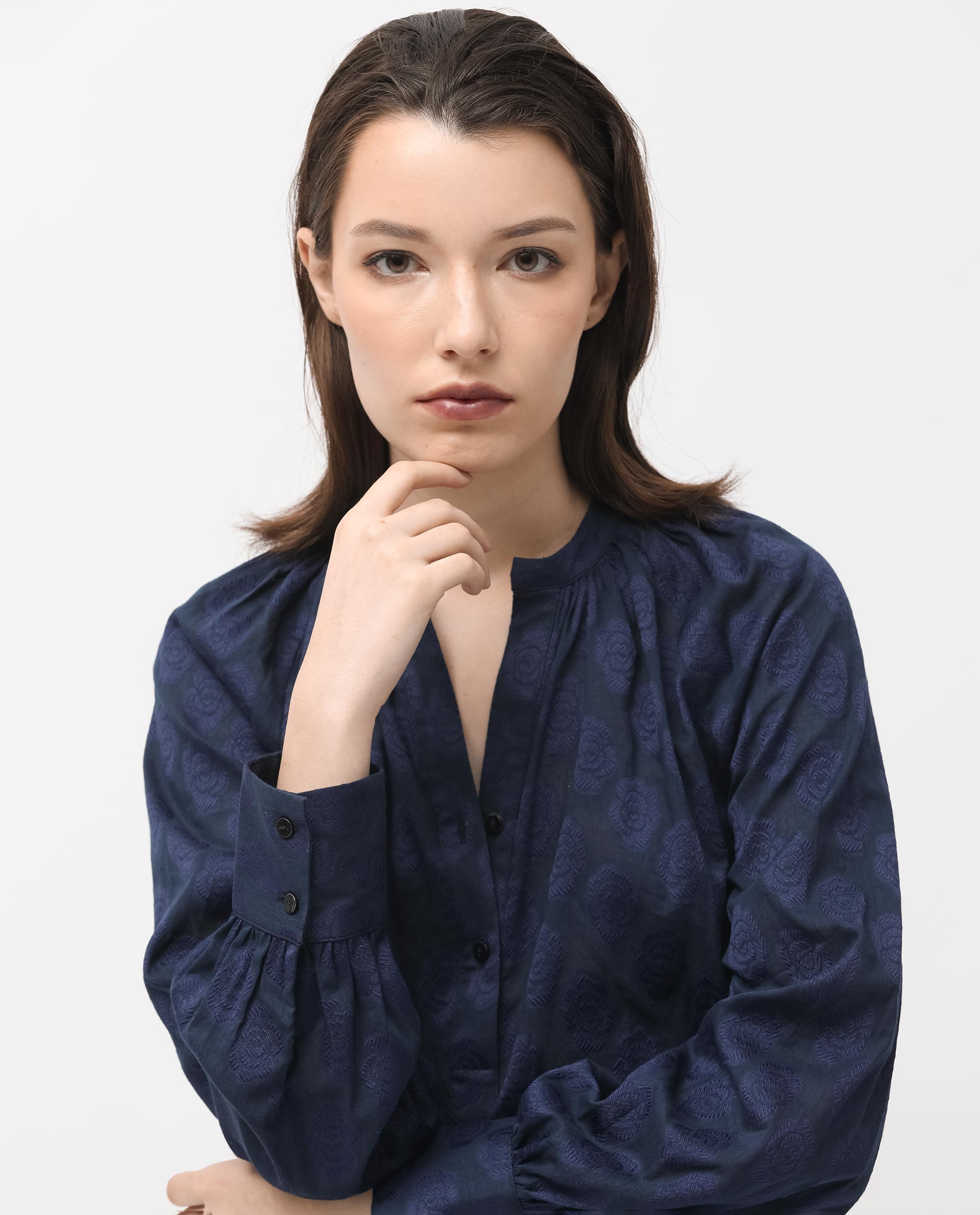 Women'S Droff Dark Blue Polyester Fabric Full Sleeves Button Closure Mandarin Collar Cuffed Sleeve Regular Fit Floral Print Blouse Top