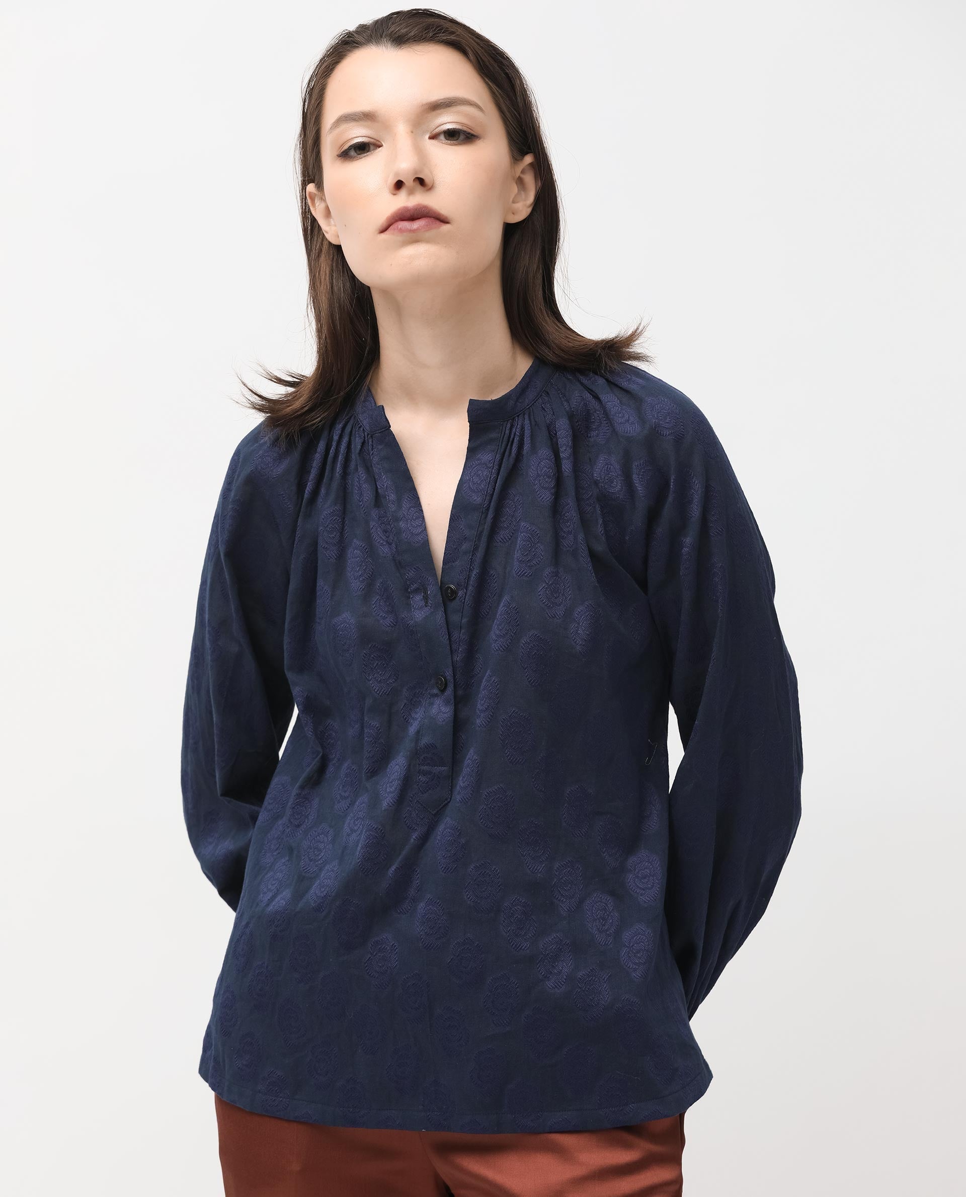 Women'S Droff Dark Blue Polyester Fabric Full Sleeves Button Closure Mandarin Collar Cuffed Sleeve Regular Fit Floral Print Blouse Top