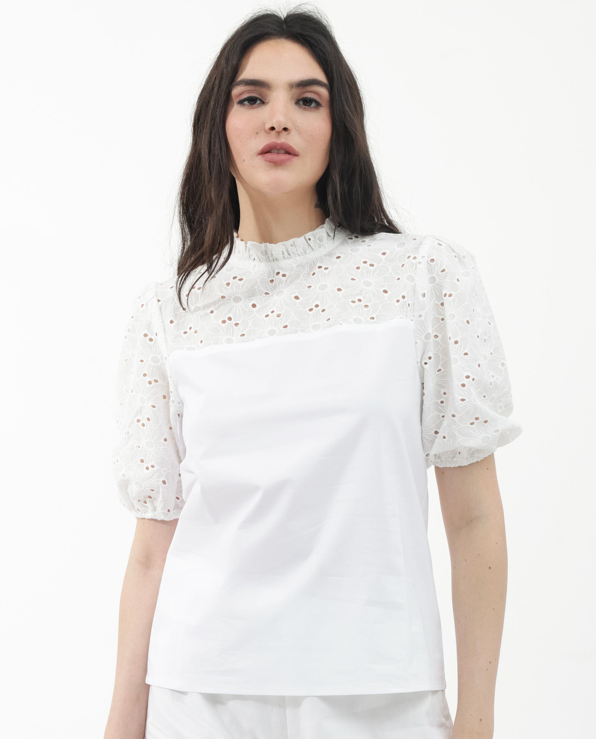 Women'S Dunzon White Cotton Fabric Regular Sleeves Collared Neck Solid Regular Length Top