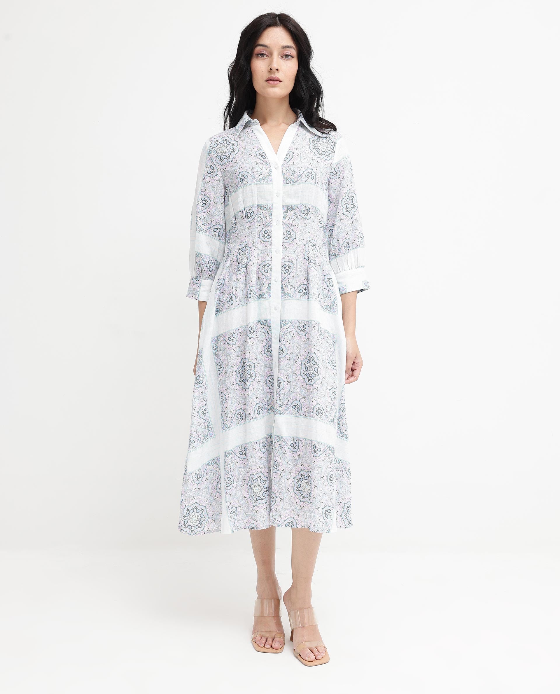 Women'S Dusturn Multi Cotton Linen Fabric Regular Sleeves Collared Neck Abstract Print Longline Dress