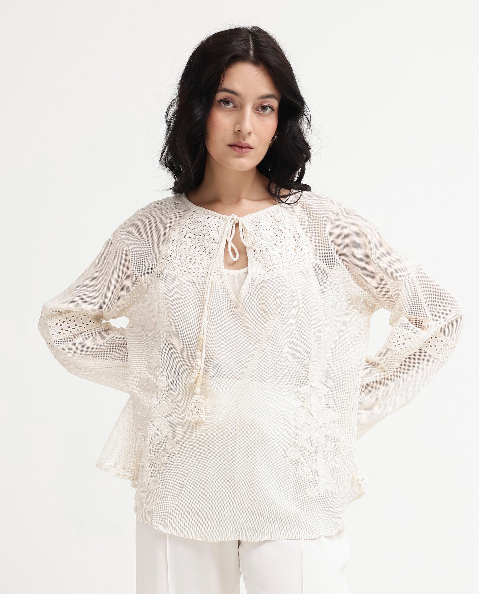 Womens Ela Light Beige Solid Embroidered Neck Top