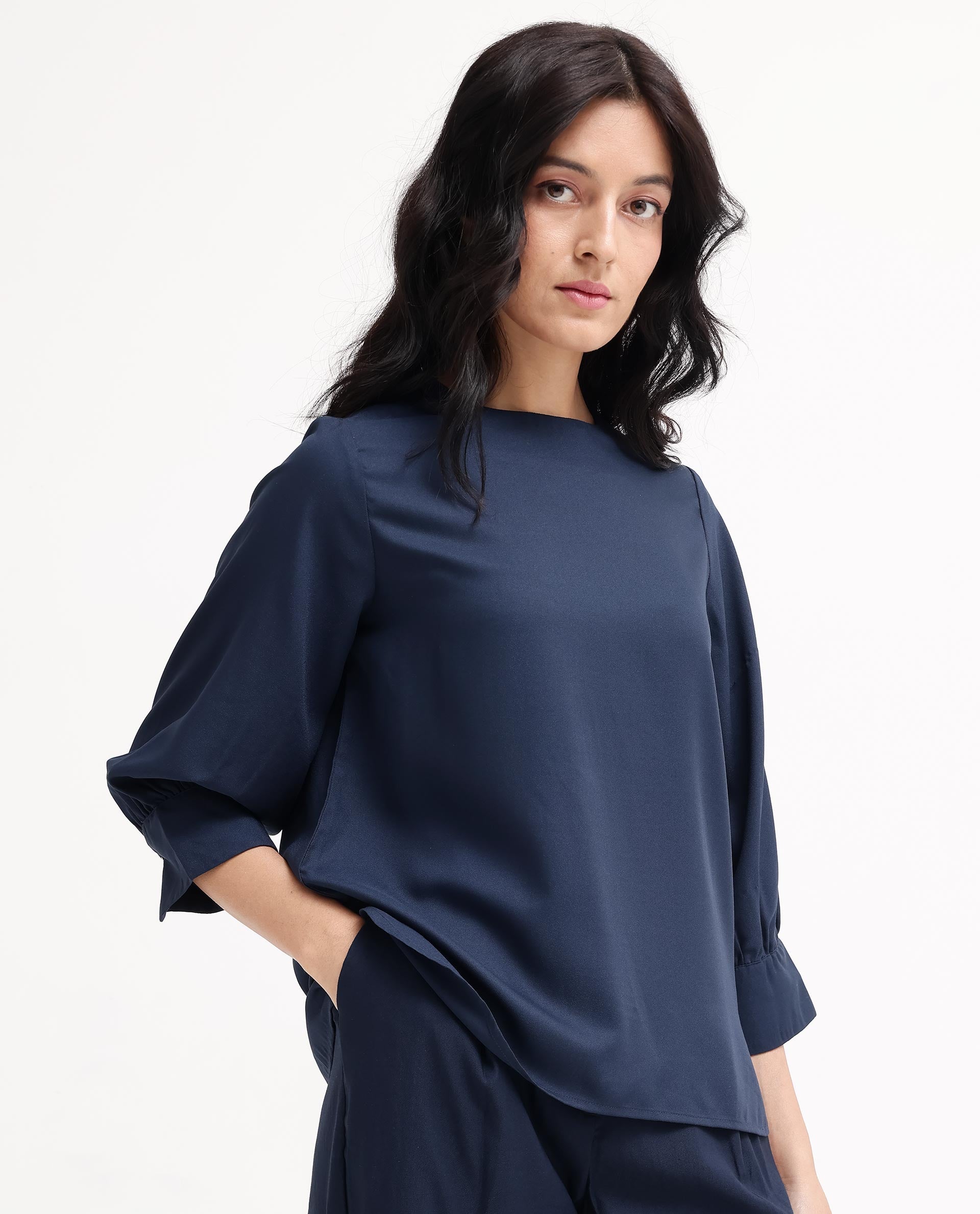 Women'S Elara Navy Polyester Fabric Full Sleeve Round Neck Solid Regular Fit Top