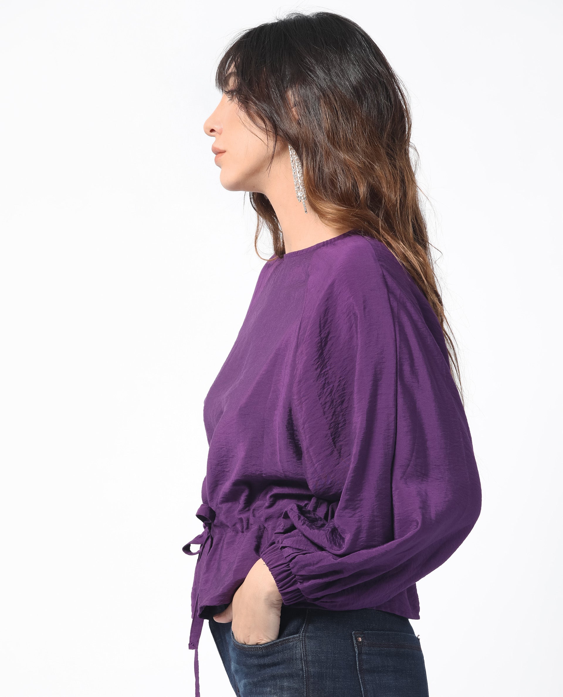 Women'S Elber Dark Purple Poly Viscose Fabric Full Sleeves Tie-Up Closure Round Neck Bell Sleeve Relaxed Fit Plain Top