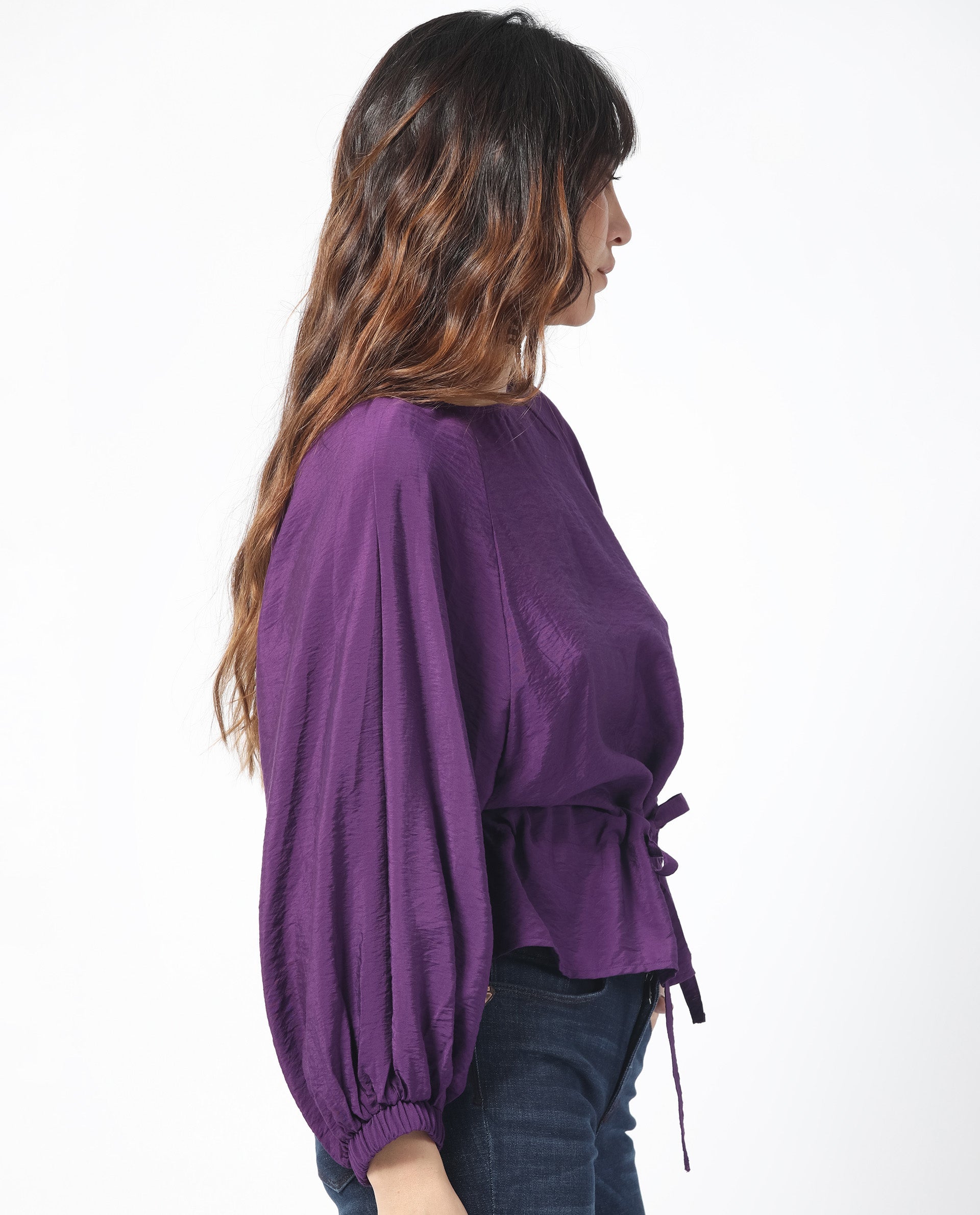 Women'S Elber Dark Purple Poly Viscose Fabric Full Sleeves Tie-Up Closure Round Neck Bell Sleeve Relaxed Fit Plain Top