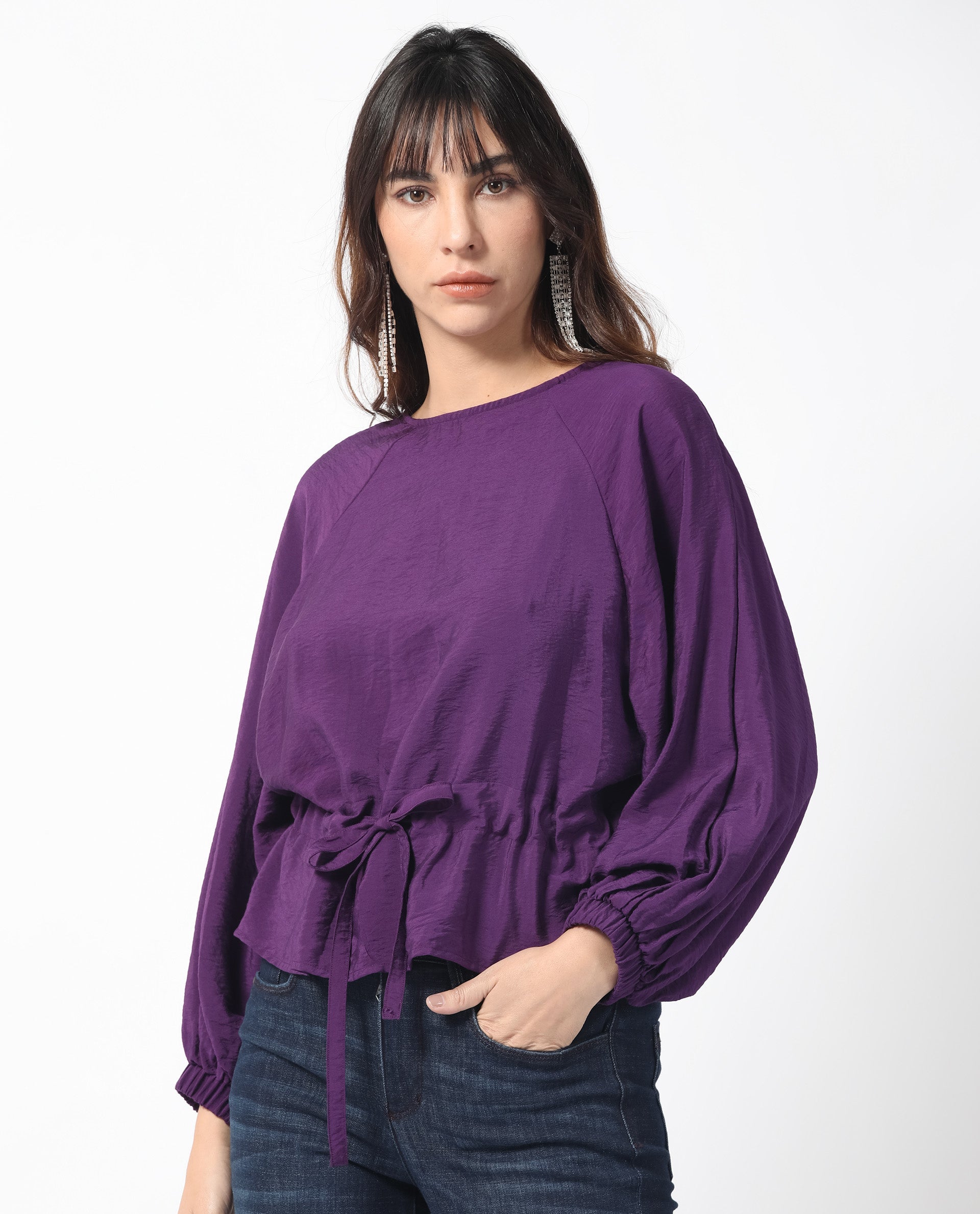 Women'S Elber Dark Purple Poly Viscose Fabric Full Sleeves Tie-Up Closure Round Neck Bell Sleeve Relaxed Fit Plain Top