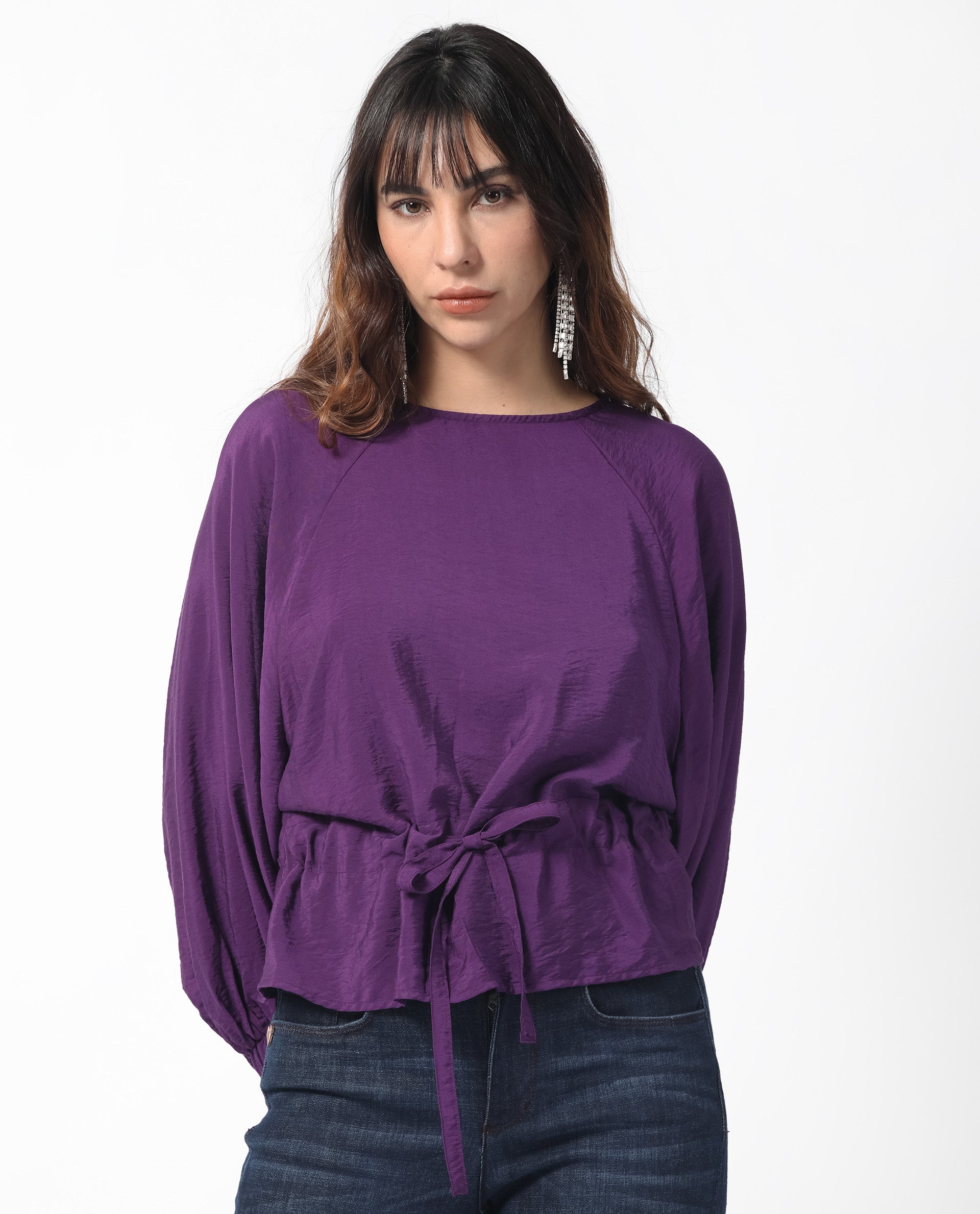 Women'S Elber Dark Purple Poly Viscose Fabric Full Sleeves Tie-Up Closure Round Neck Bell Sleeve Relaxed Fit Plain Top