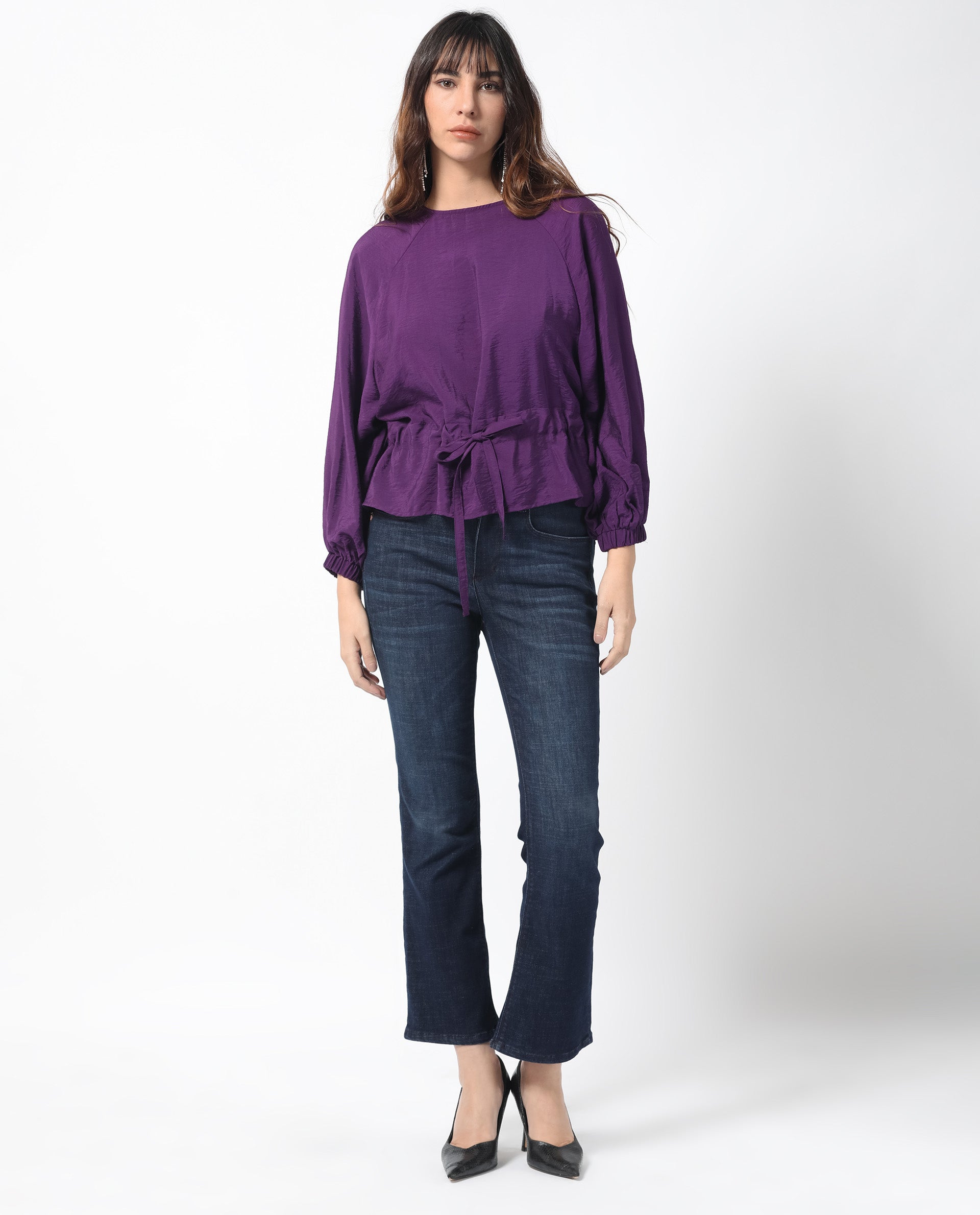 Women'S Elber Dark Purple Poly Viscose Fabric Full Sleeves Tie-Up Closure Round Neck Bell Sleeve Relaxed Fit Plain Top