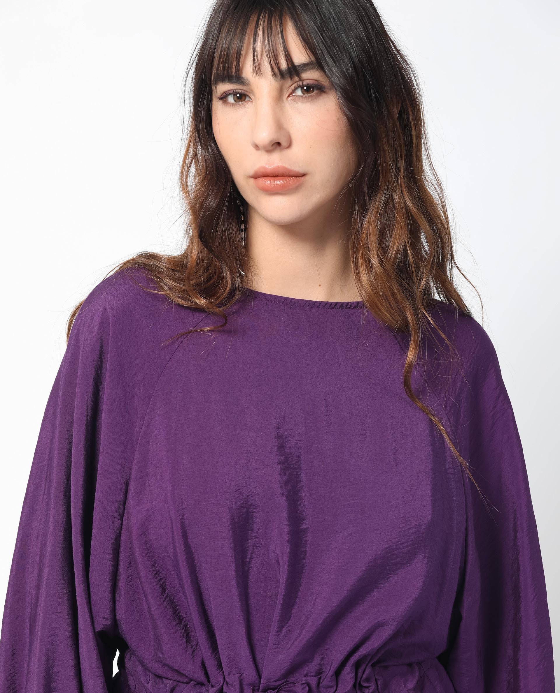 Women'S Elber Dark Purple Poly Viscose Fabric Full Sleeves Tie-Up Closure Round Neck Bell Sleeve Relaxed Fit Plain Top