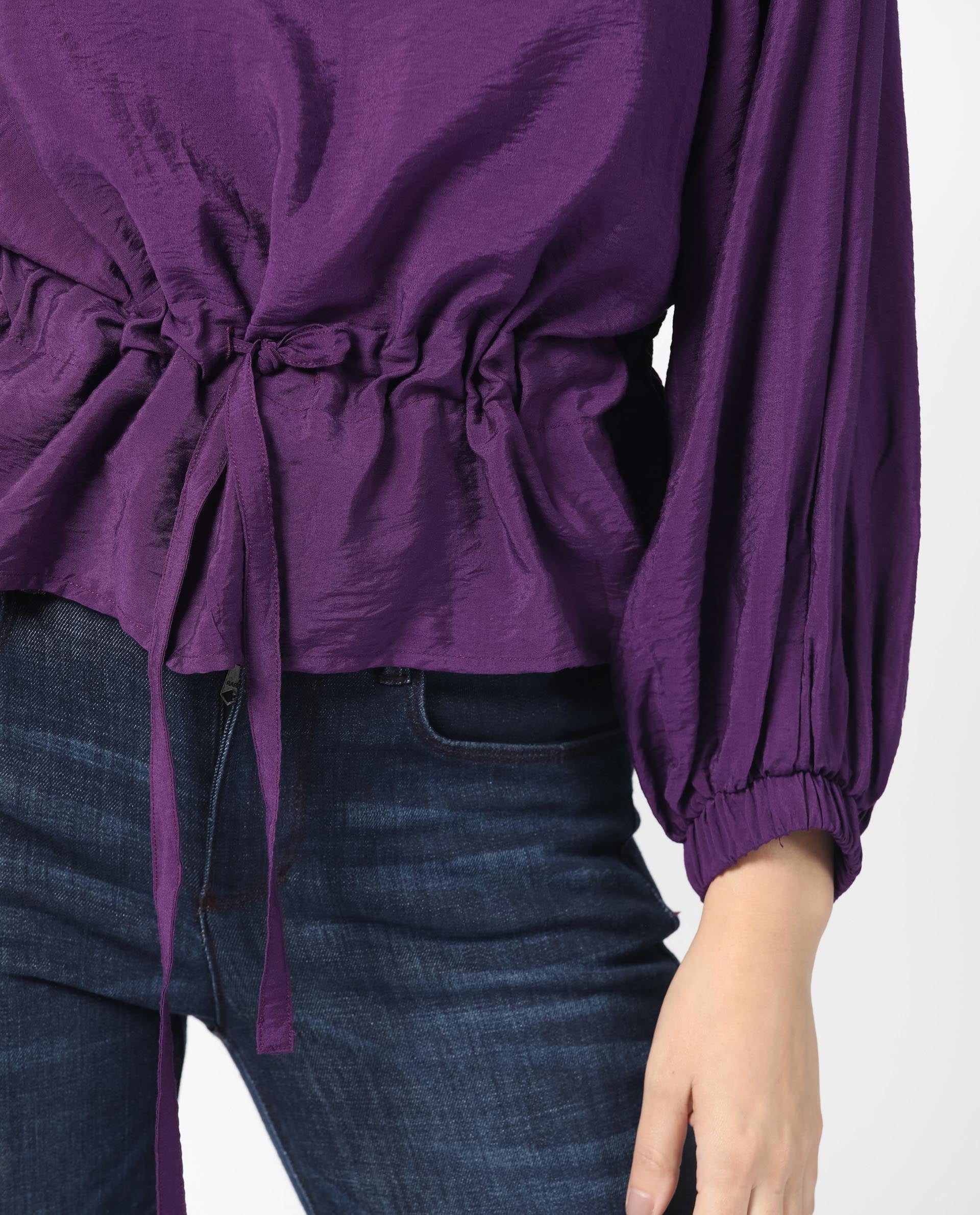 Women'S Elber Dark Purple Poly Viscose Fabric Full Sleeves Tie-Up Closure Round Neck Bell Sleeve Relaxed Fit Plain Top