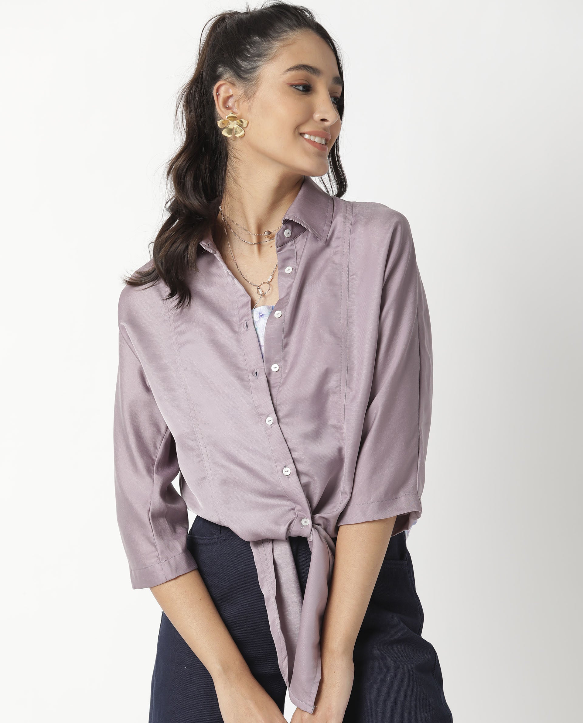 Women'S Euro Light Purple Polyester Fabric Tailored Fit Shirt Collar 3/4Th Sleeves Solid Top