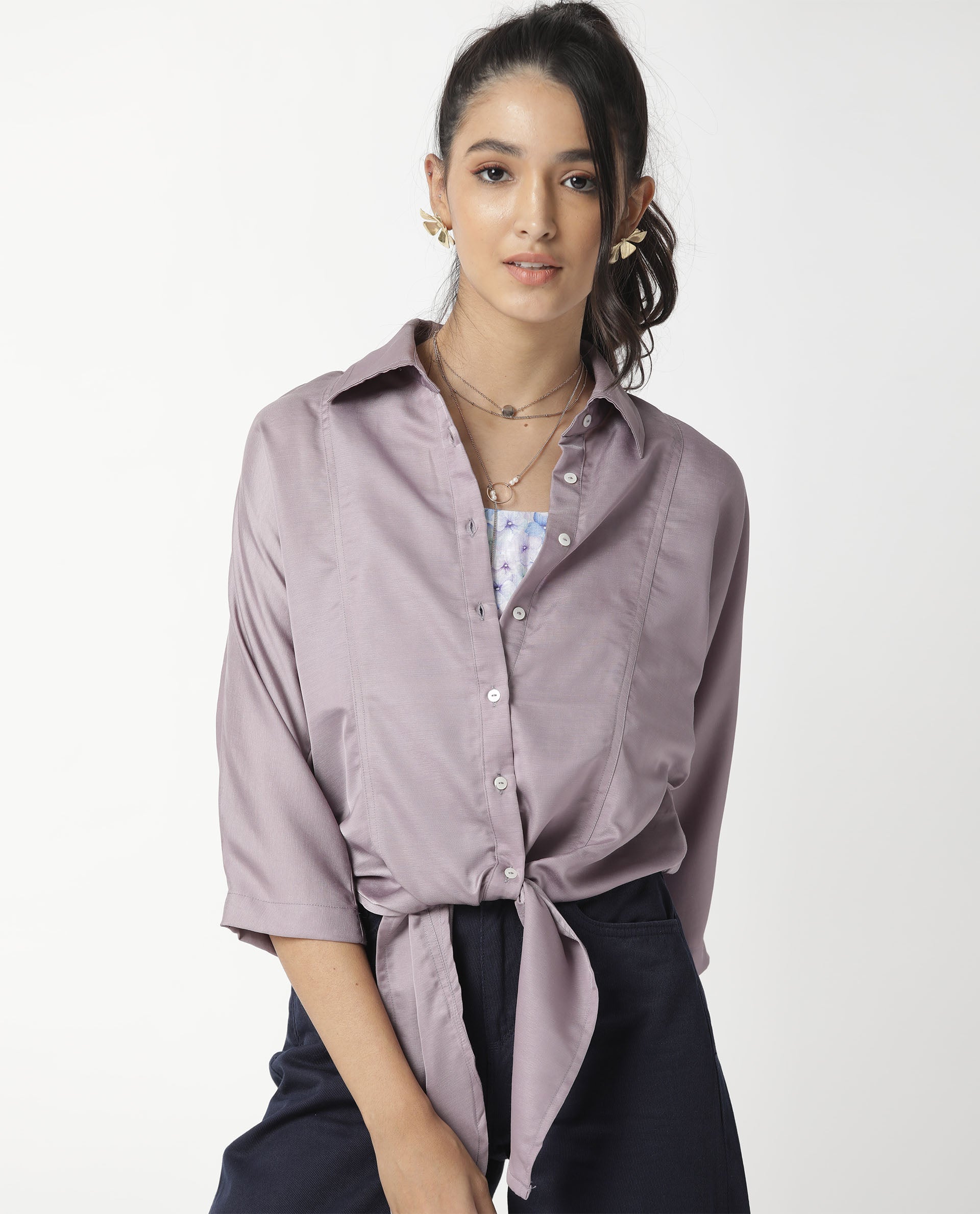 Women'S Euro Light Purple Polyester Fabric Tailored Fit Shirt Collar 3/4Th Sleeves Solid Top