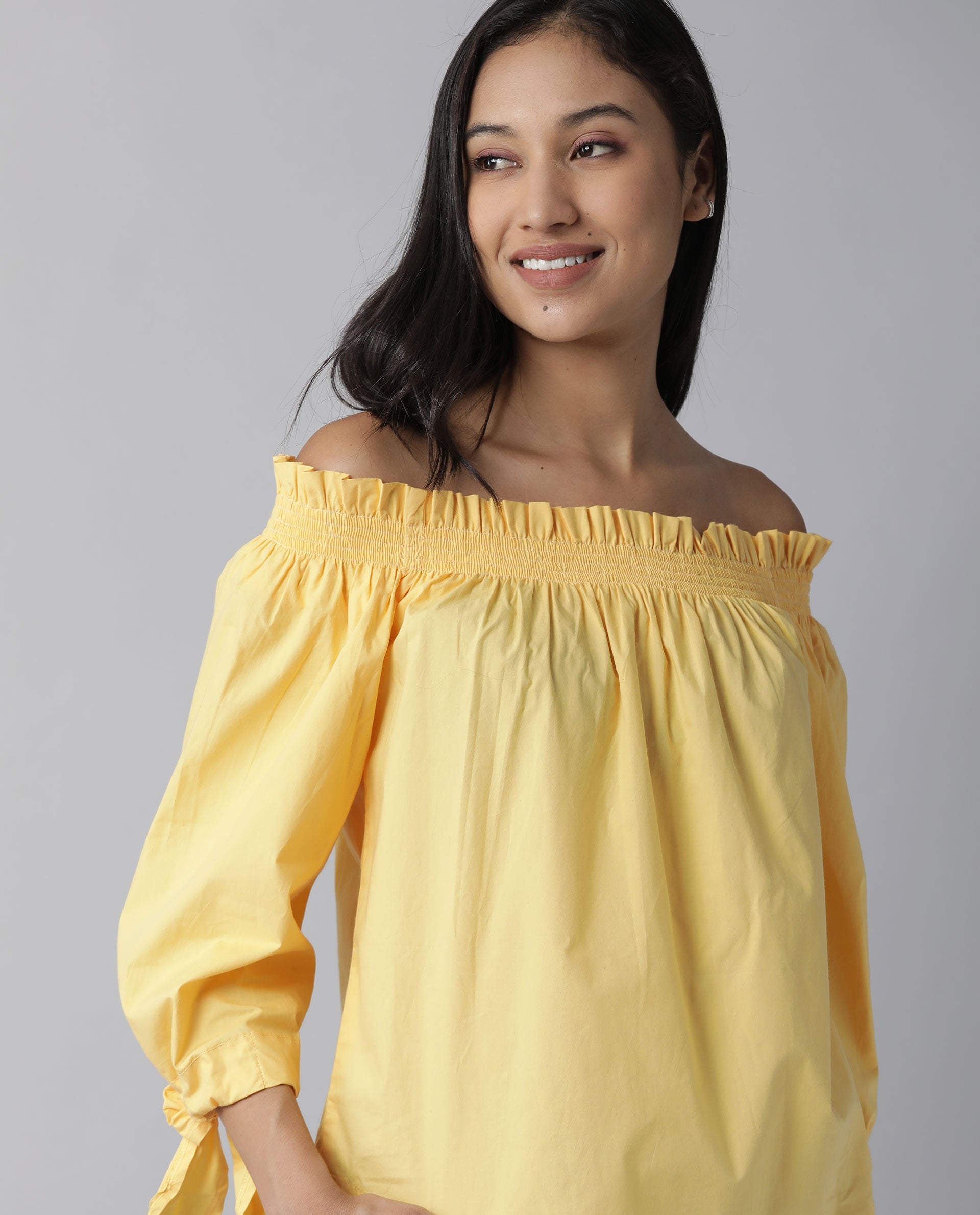 Womens Evenin Yellow Top Cotton Fabric Loose Fit Cold Shoulder Sleeve