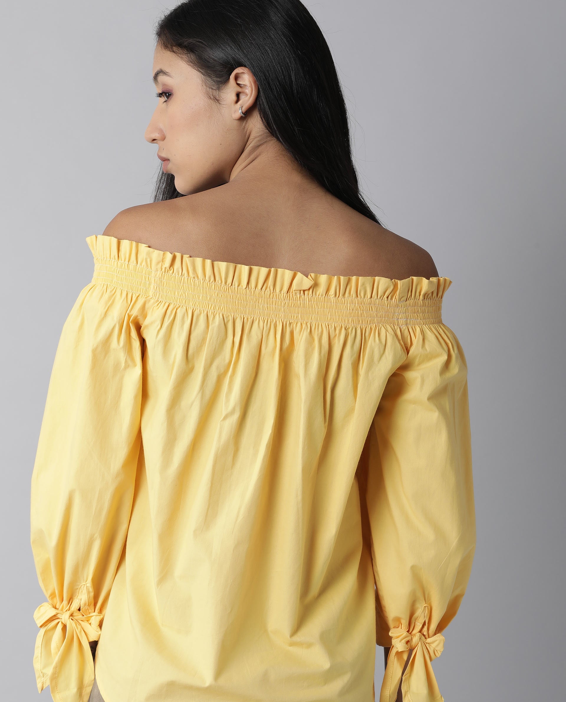 Womens Evenin Yellow Top Cotton Fabric Loose Fit Cold Shoulder Sleeve