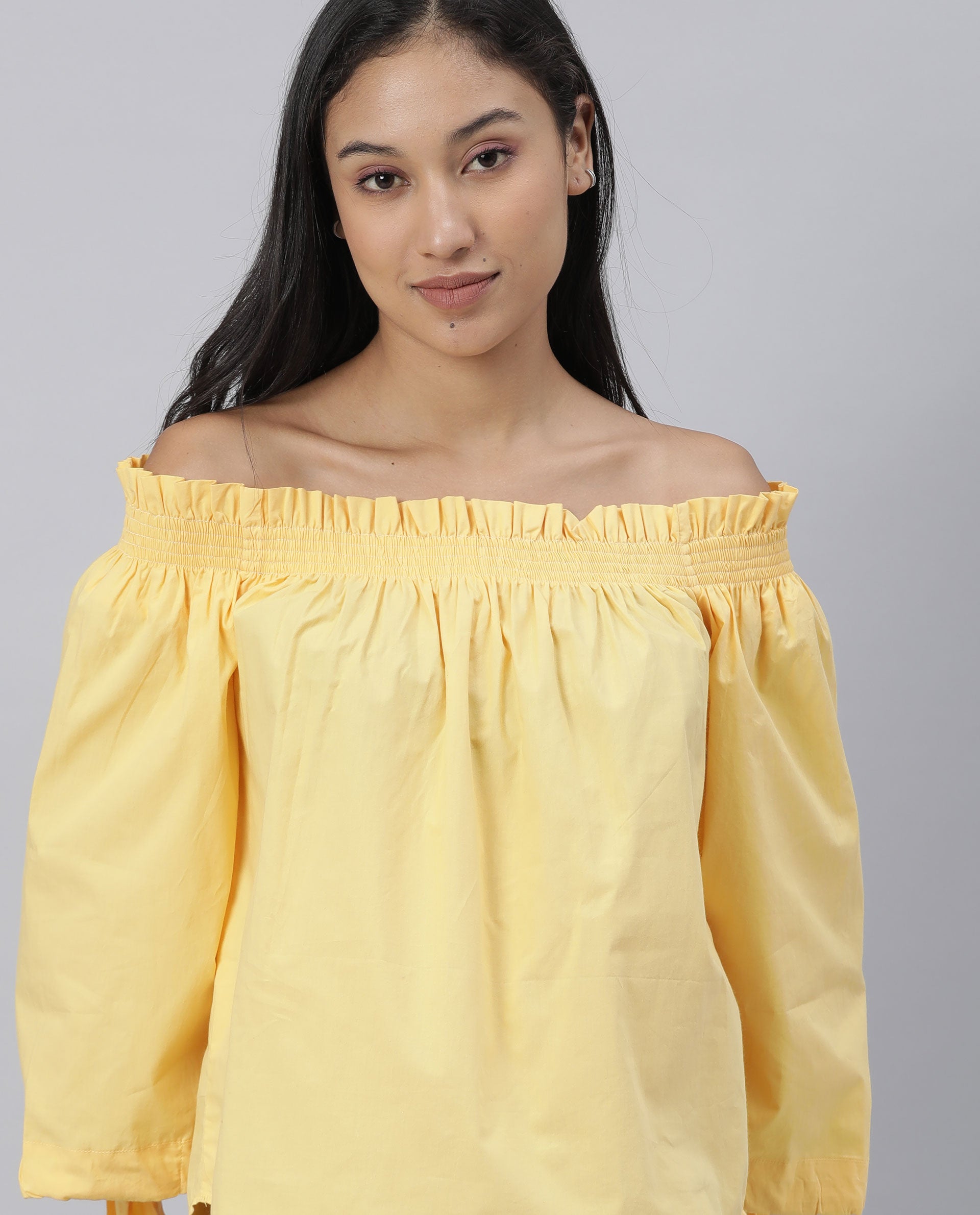 Womens Evenin Yellow Top Cotton Fabric Loose Fit Cold Shoulder Sleeve