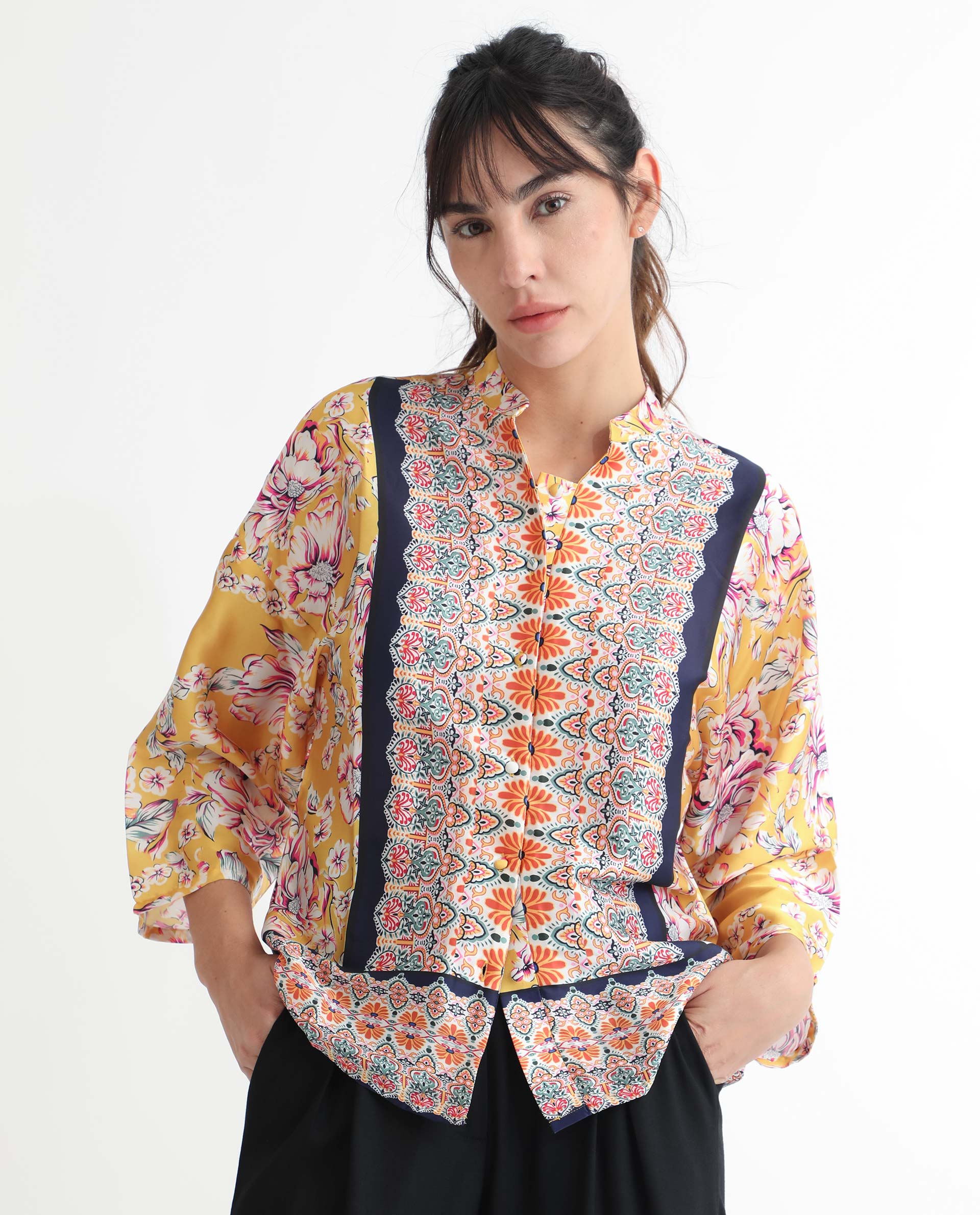 Women'S Falke Yellow Polyester Fabric 3/4Th Sleeves Button Closure Mandarin Collar Kimono Sleeve Regular Fit Floral Print Knee Length Top