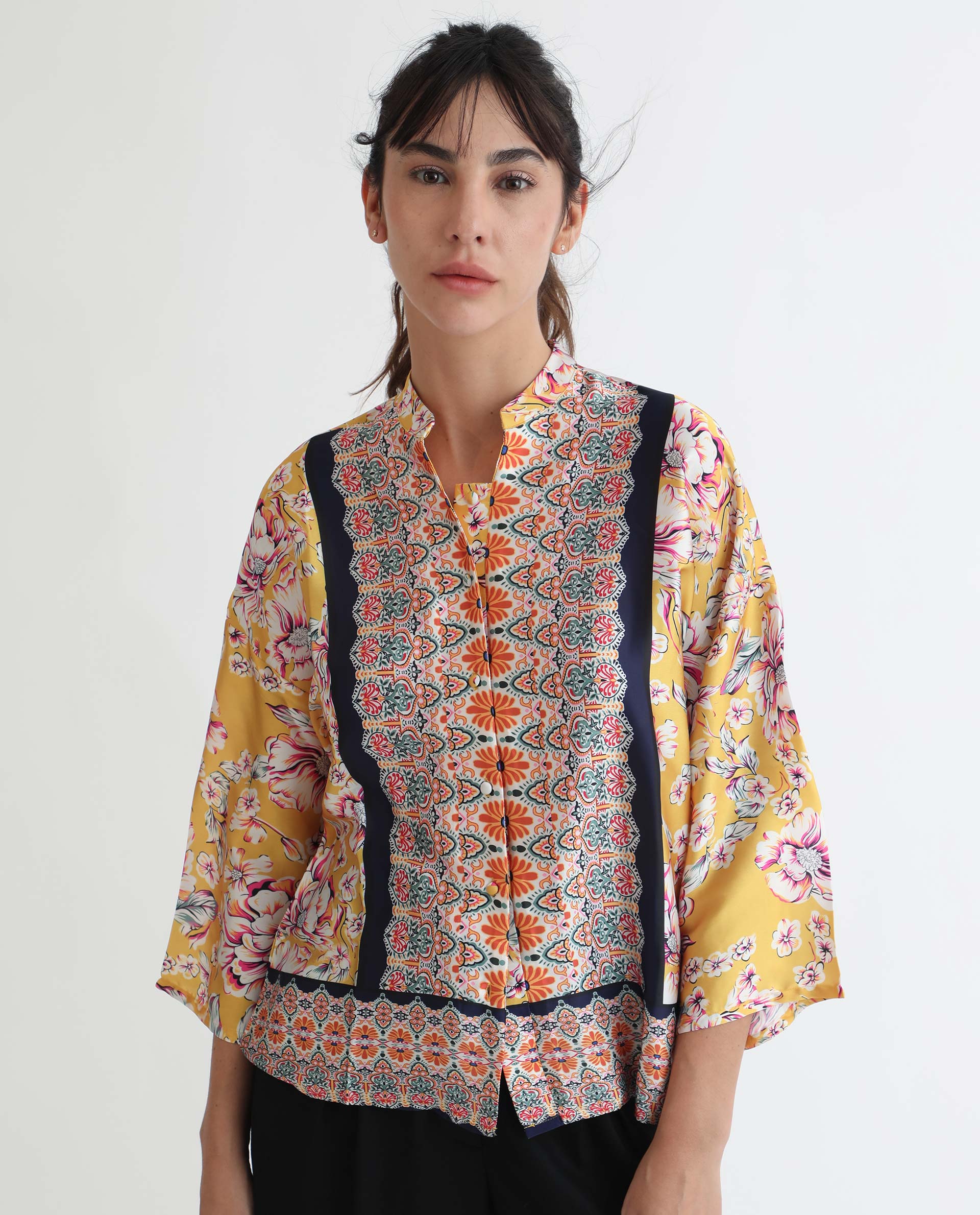 Women'S Falke Yellow Polyester Fabric 3/4Th Sleeves Button Closure Mandarin Collar Kimono Sleeve Regular Fit Floral Print Knee Length Top