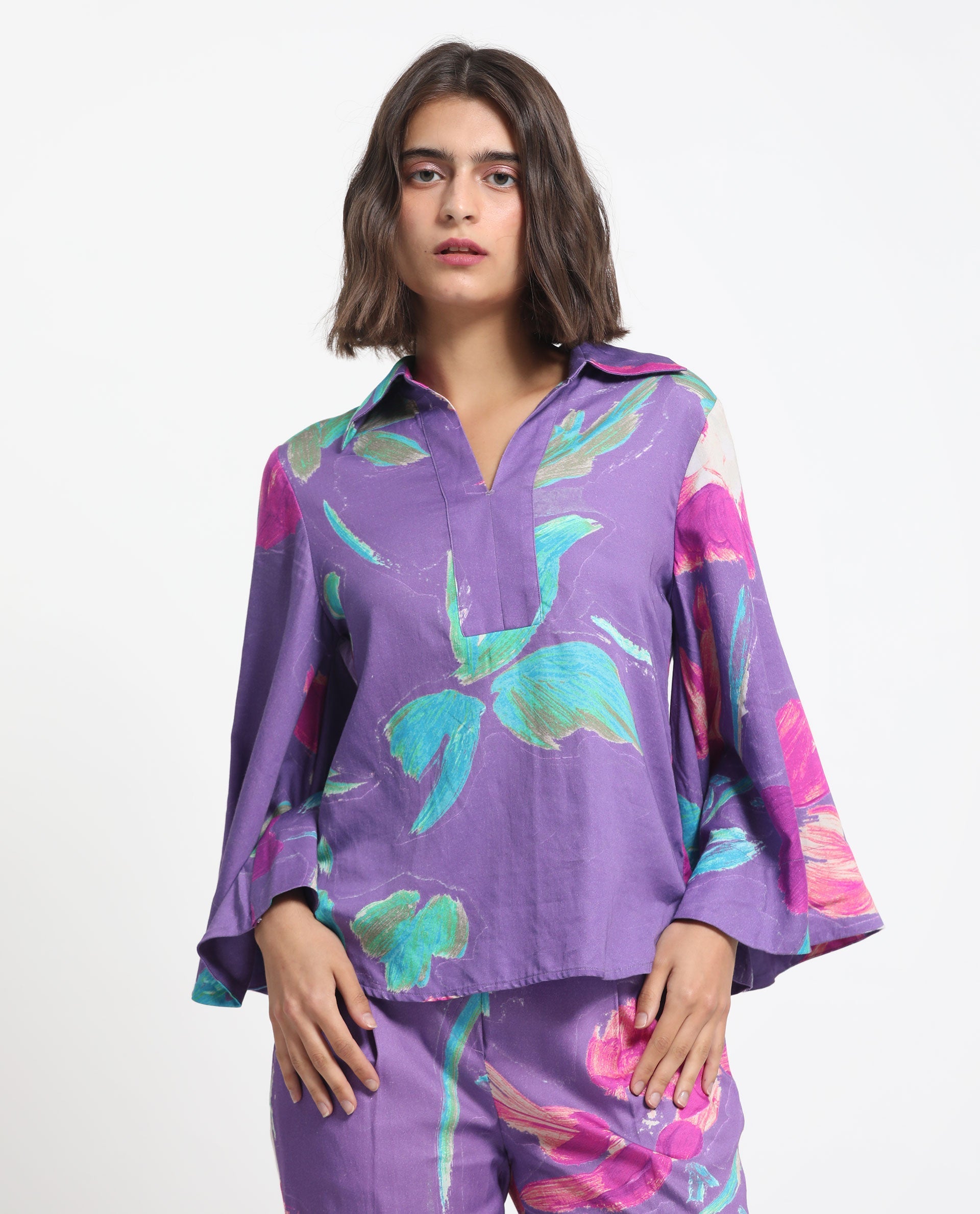 Women'S Ferguson Light Purple Cotton Fabric Full Sleeves Shirt Collar Flared Sleeve Tailored Fit Abstract Print Top