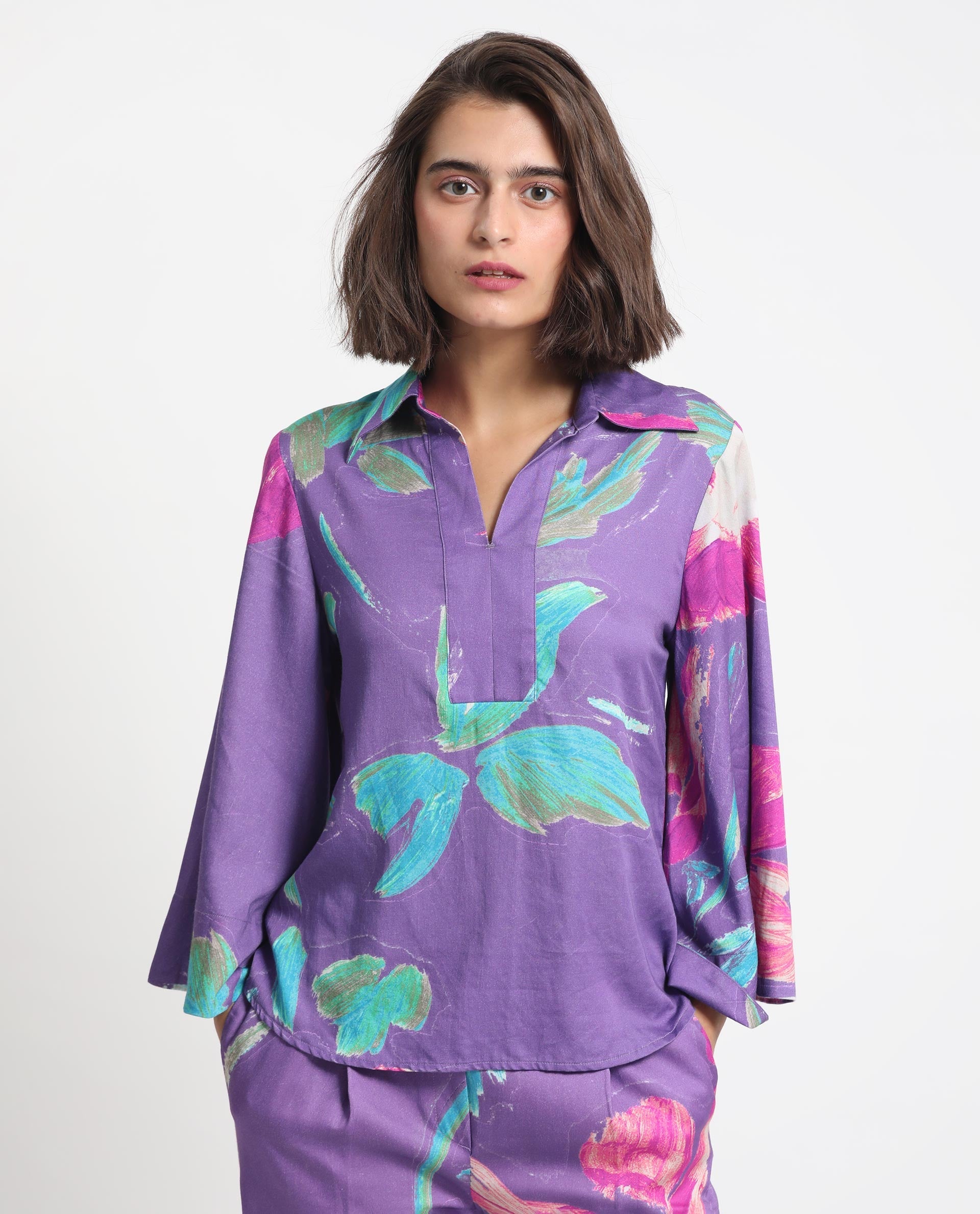 Women'S Ferguson Light Purple Cotton Fabric Full Sleeves Shirt Collar Flared Sleeve Tailored Fit Abstract Print Top