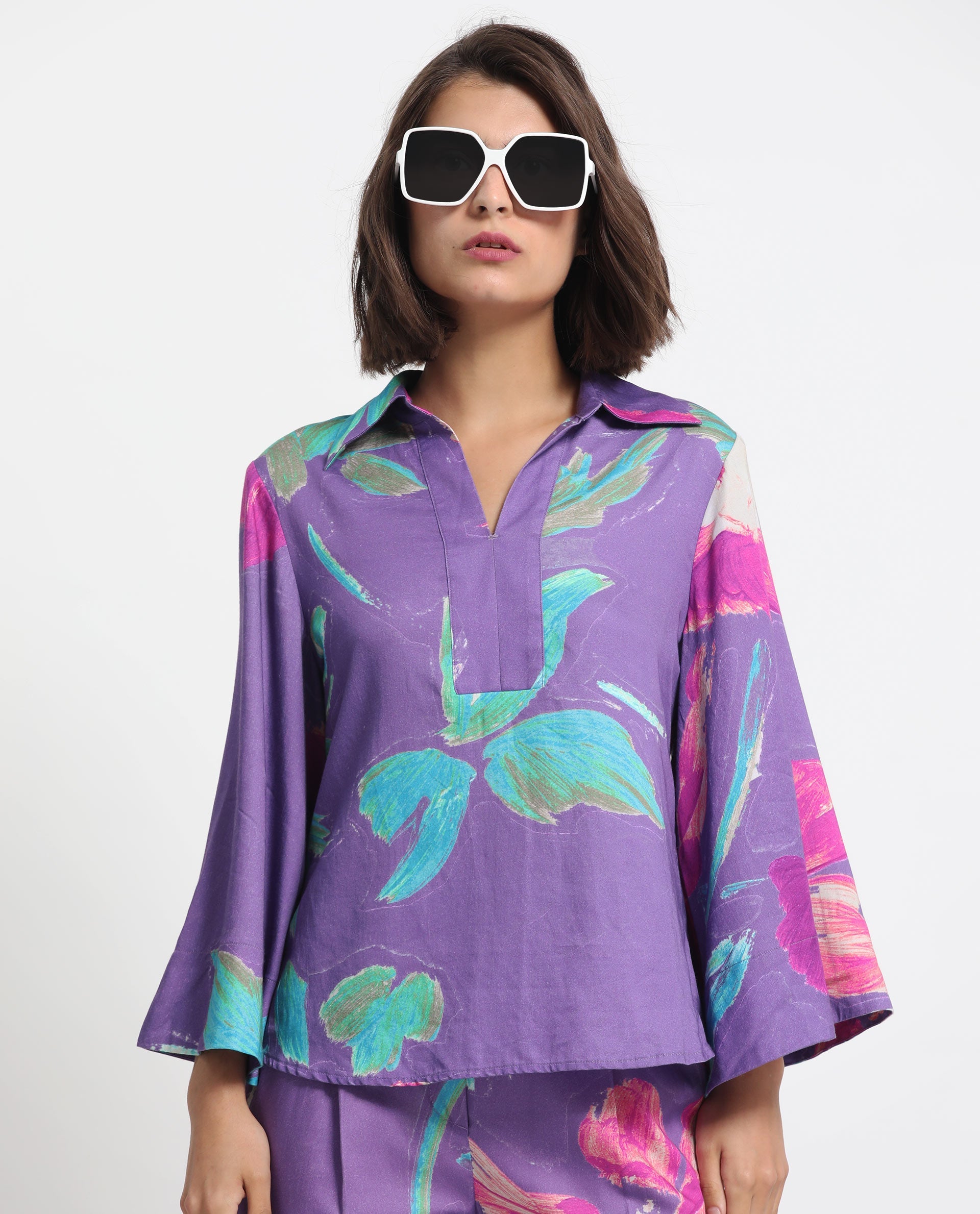 Women'S Ferguson Light Purple Cotton Fabric Full Sleeves Shirt Collar Flared Sleeve Tailored Fit Abstract Print Top