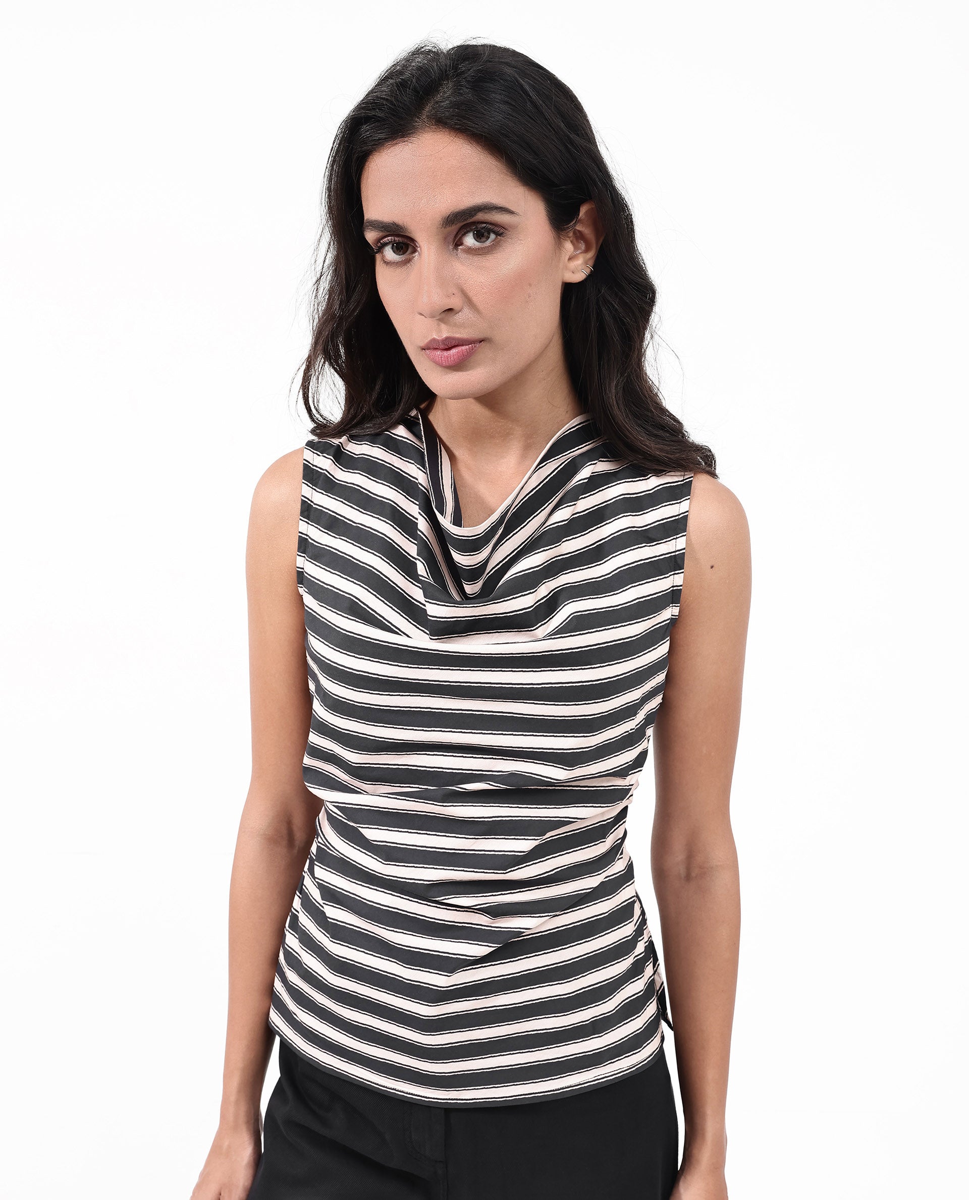 Women'S Gaaro Black Sleeveless Cowl Neck Broad Stripes Top