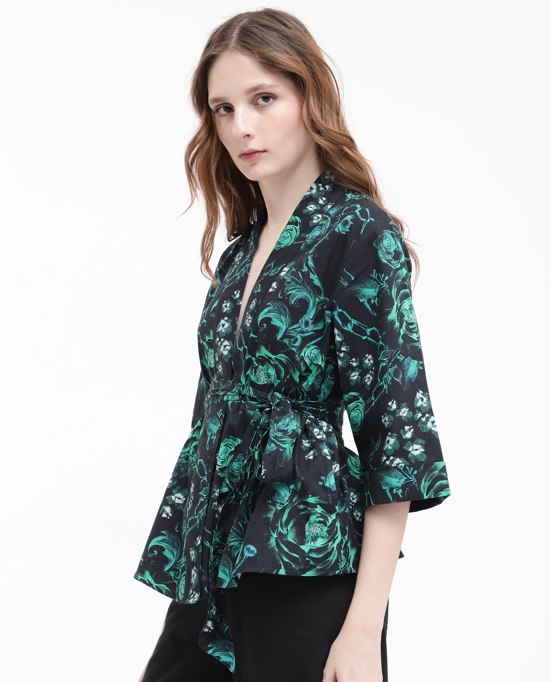 Women'S Gamo Black 3/4Th Sleeve Over Lap Neck Floral Print Top