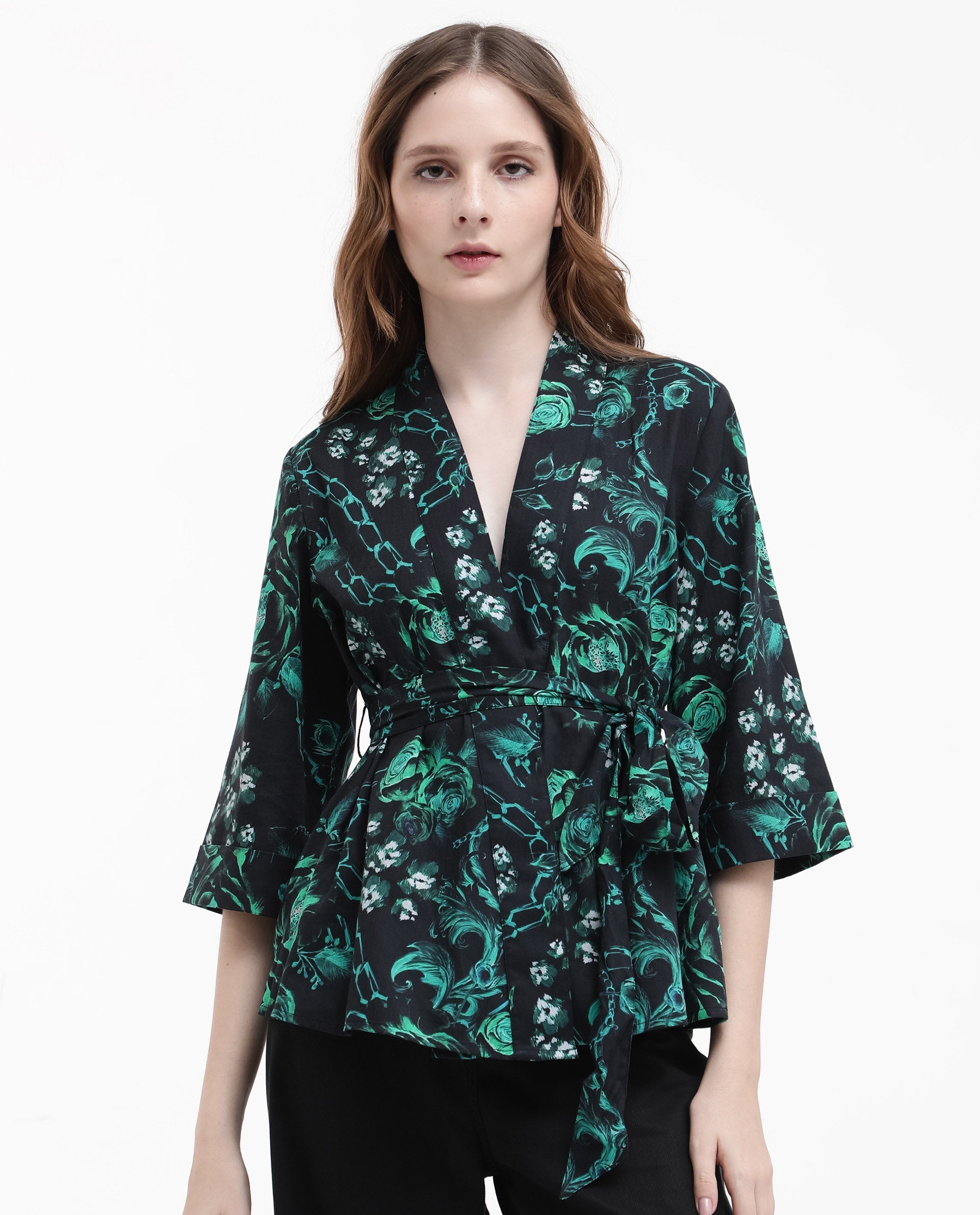 Women'S Gamo Black 3/4Th Sleeve Over Lap Neck Floral Print Top