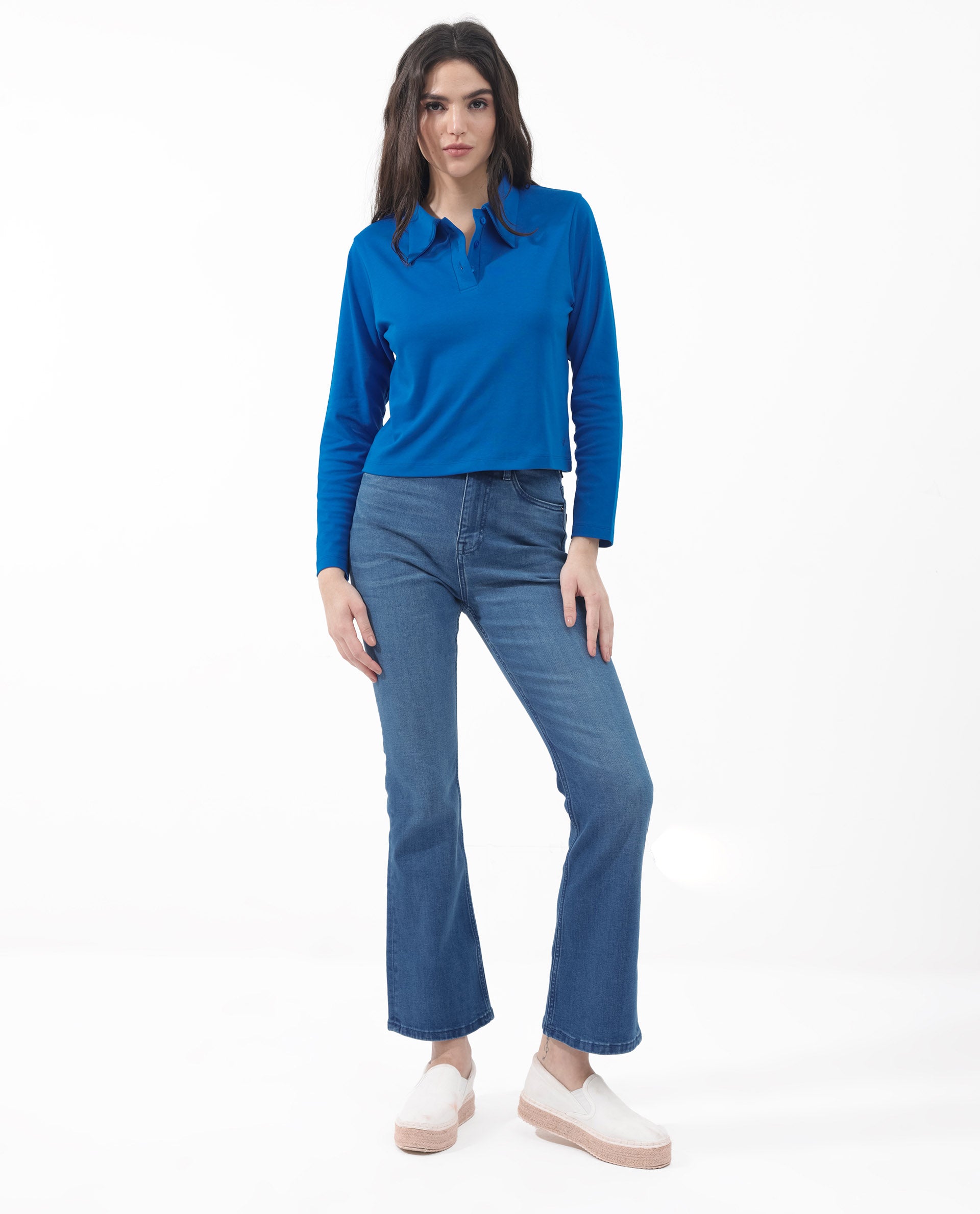 Women'S Gojo Blue Cotton Fabric Full Sleeve Collared Neck Button Closure Solid Regular Fit Top