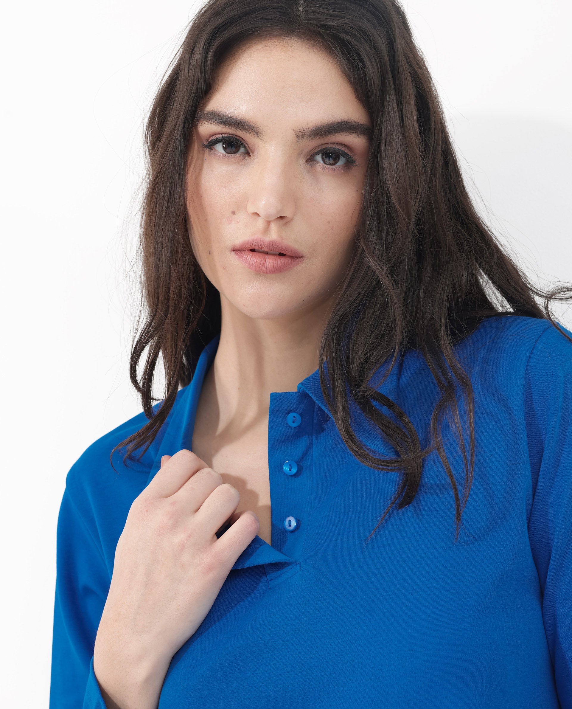 Women'S Gojo Blue Cotton Fabric Full Sleeve Collared Neck Button Closure Solid Regular Fit Top