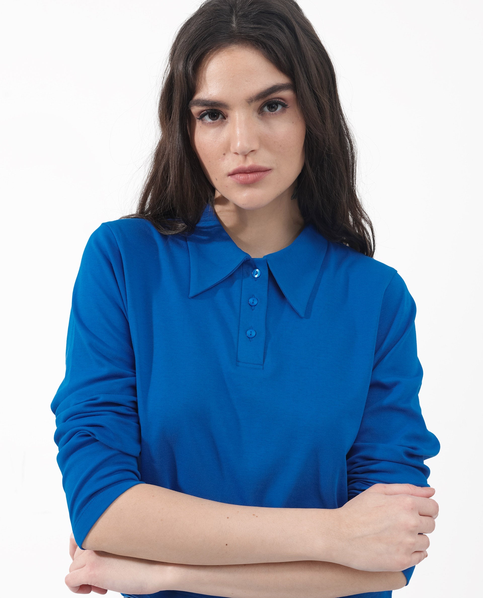 Women'S Gojo Blue Cotton Fabric Full Sleeve Collared Neck Button Closure Solid Regular Fit Top