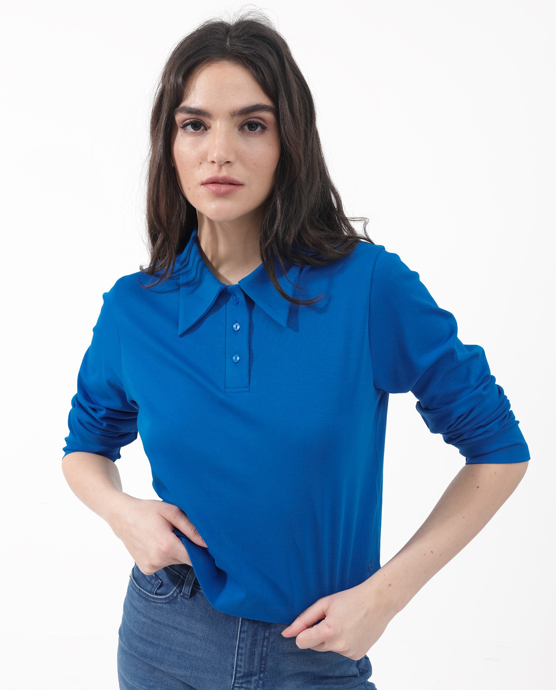 Women'S Gojo Blue Cotton Fabric Full Sleeve Collared Neck Button Closure Solid Regular Fit Top