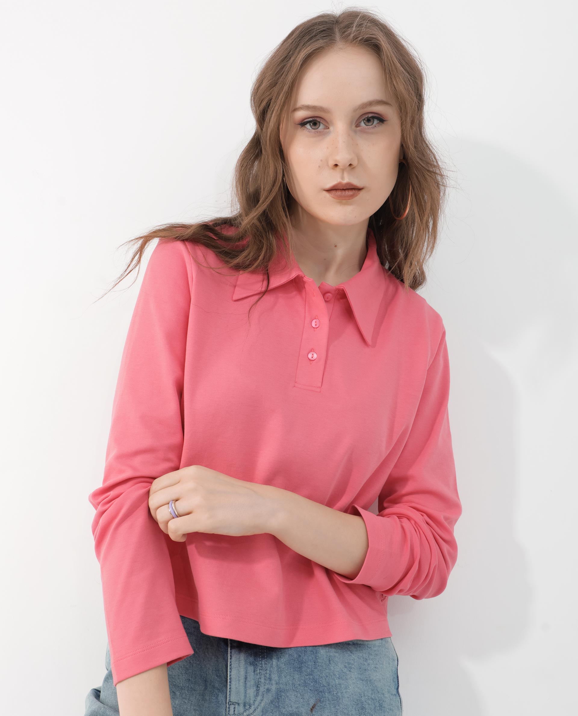 Women'S Gojo Peach Cotton Fabric Full Sleeve Collared Neck Button Closure Solid Regular Fit Top