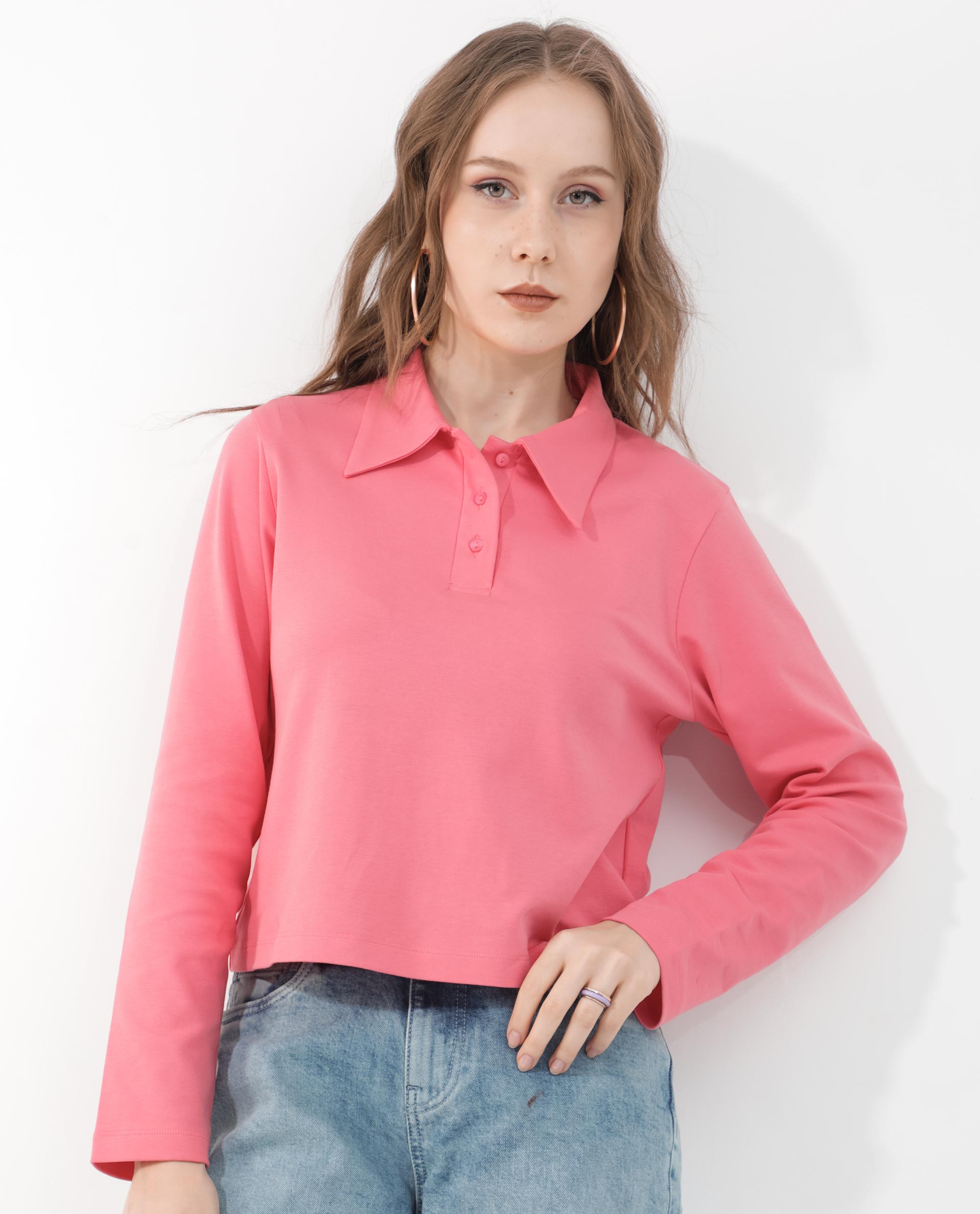 Women'S Gojo Peach Cotton Fabric Full Sleeve Collared Neck Button Closure Solid Regular Fit Top