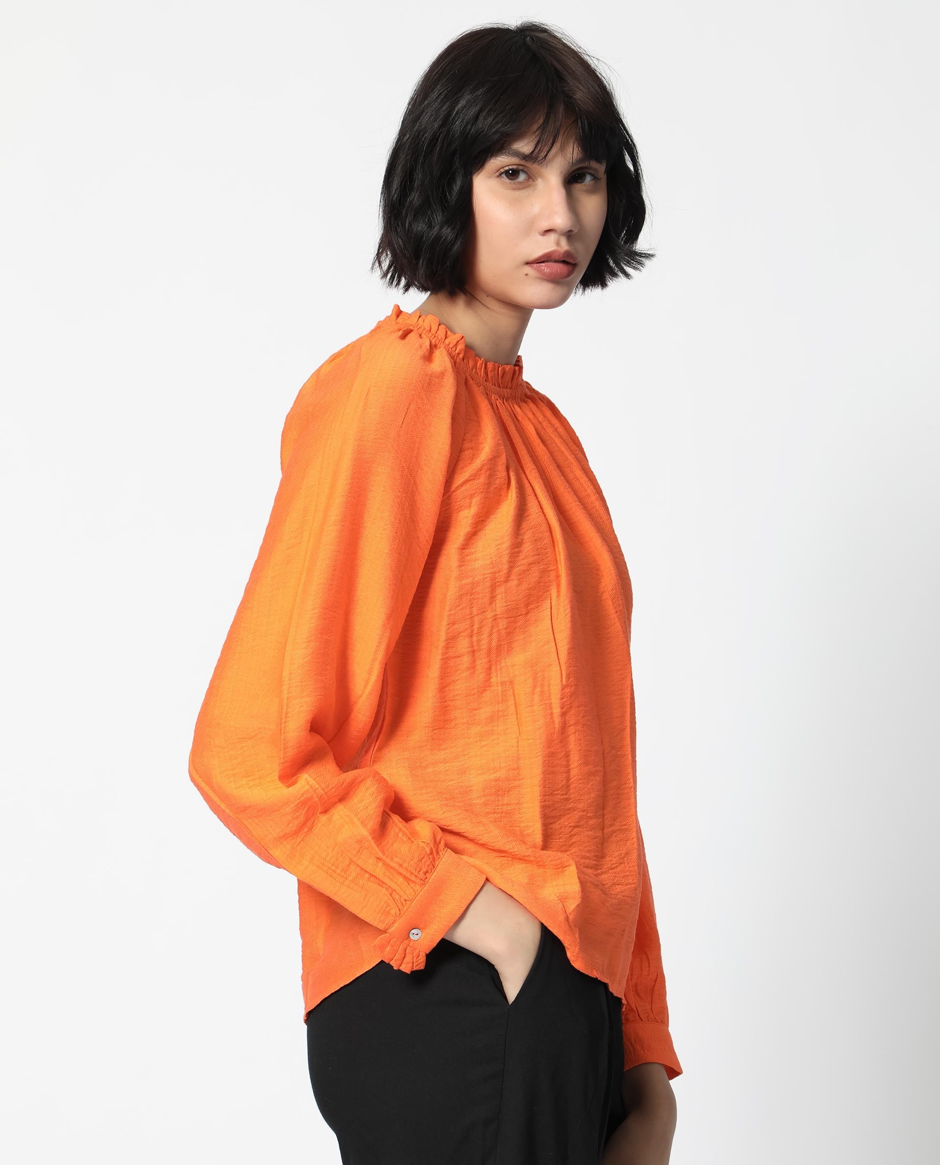 Women'S Harof Dark Orange Poly Viscose Fabric Full Sleeves High Neck Balloon Sleeve Regular Fit Plain Top