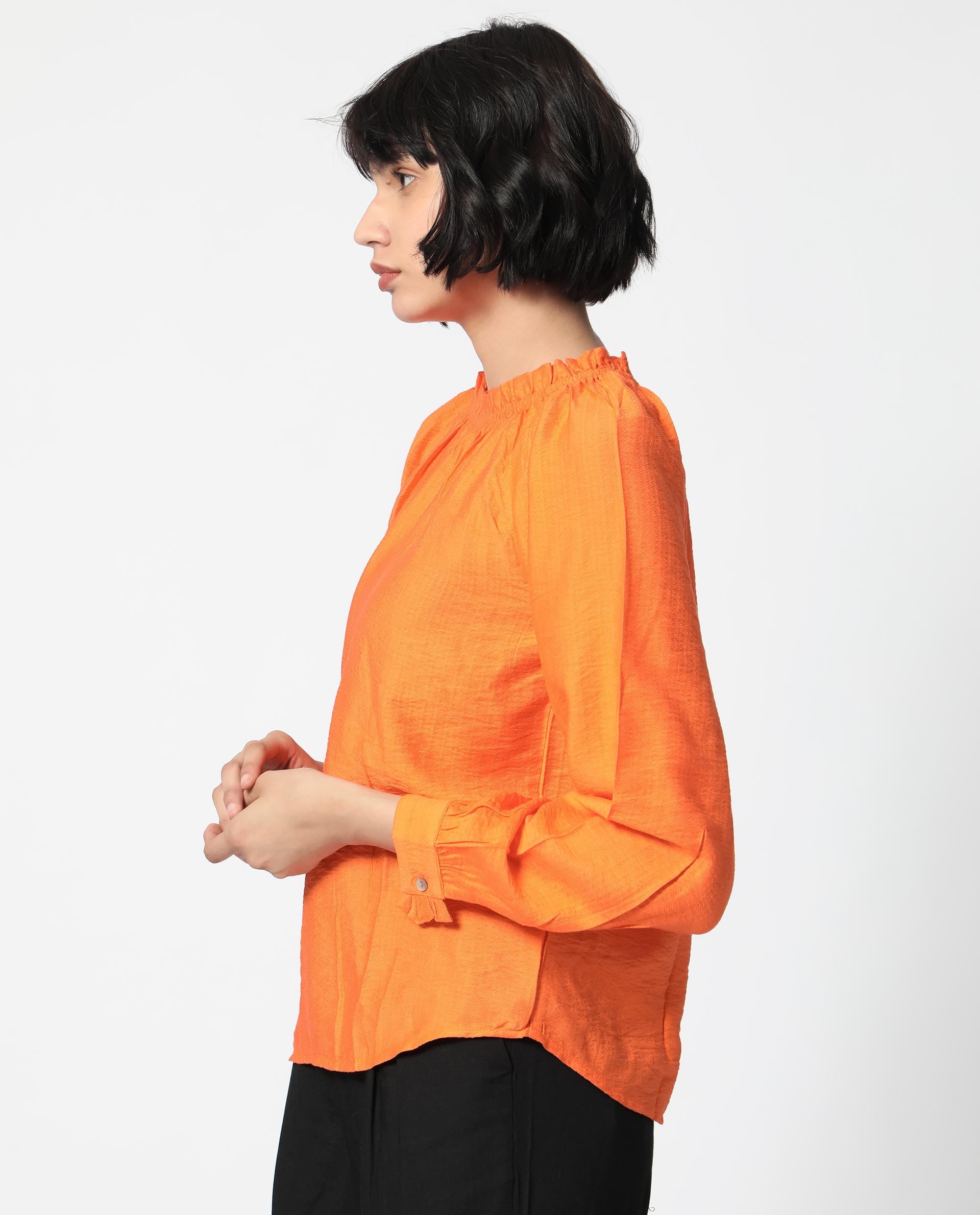 Women'S Harof Dark Orange Poly Viscose Fabric Full Sleeves High Neck Balloon Sleeve Regular Fit Plain Top