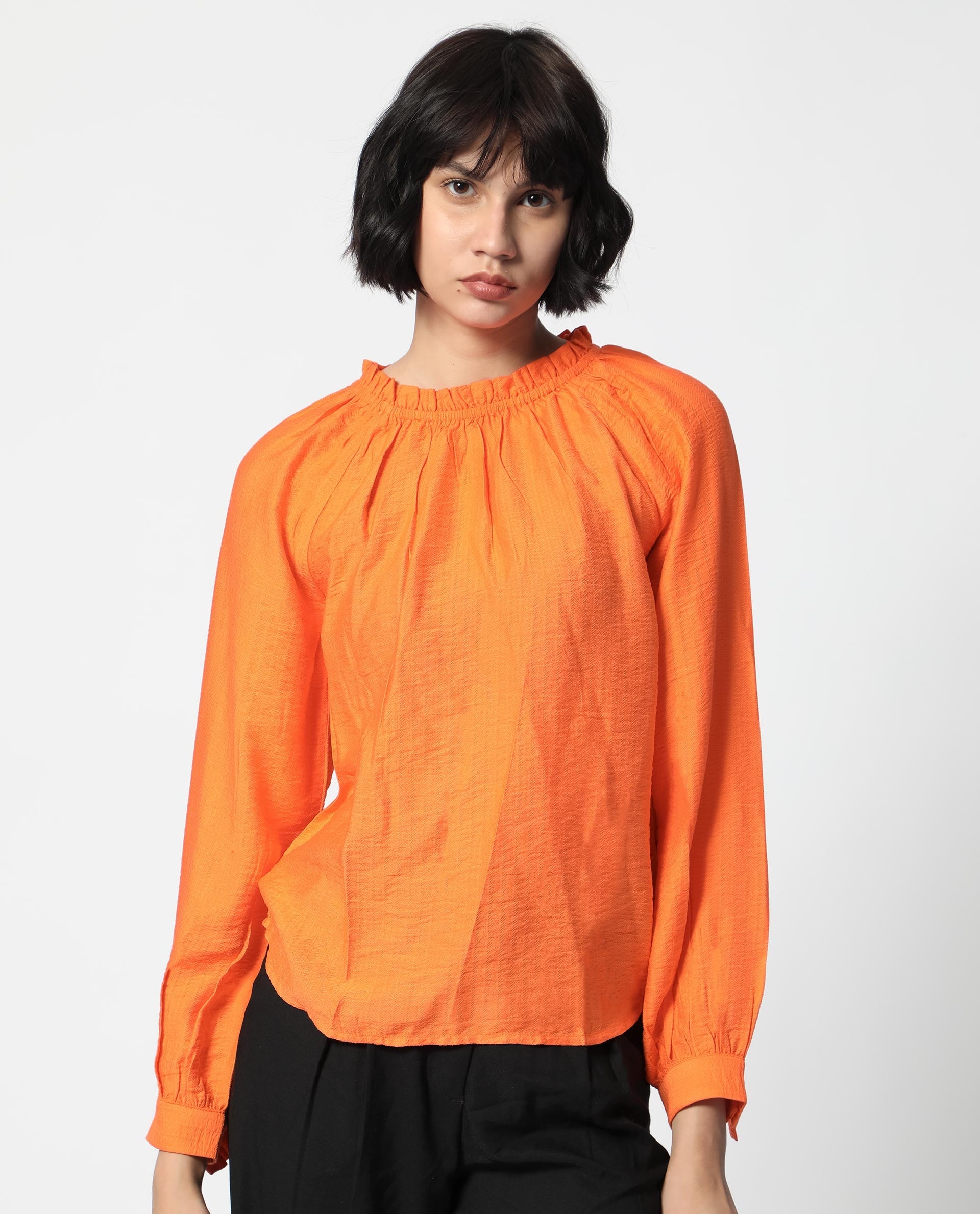 Women'S Harof Dark Orange Poly Viscose Fabric Full Sleeves High Neck Balloon Sleeve Regular Fit Plain Top