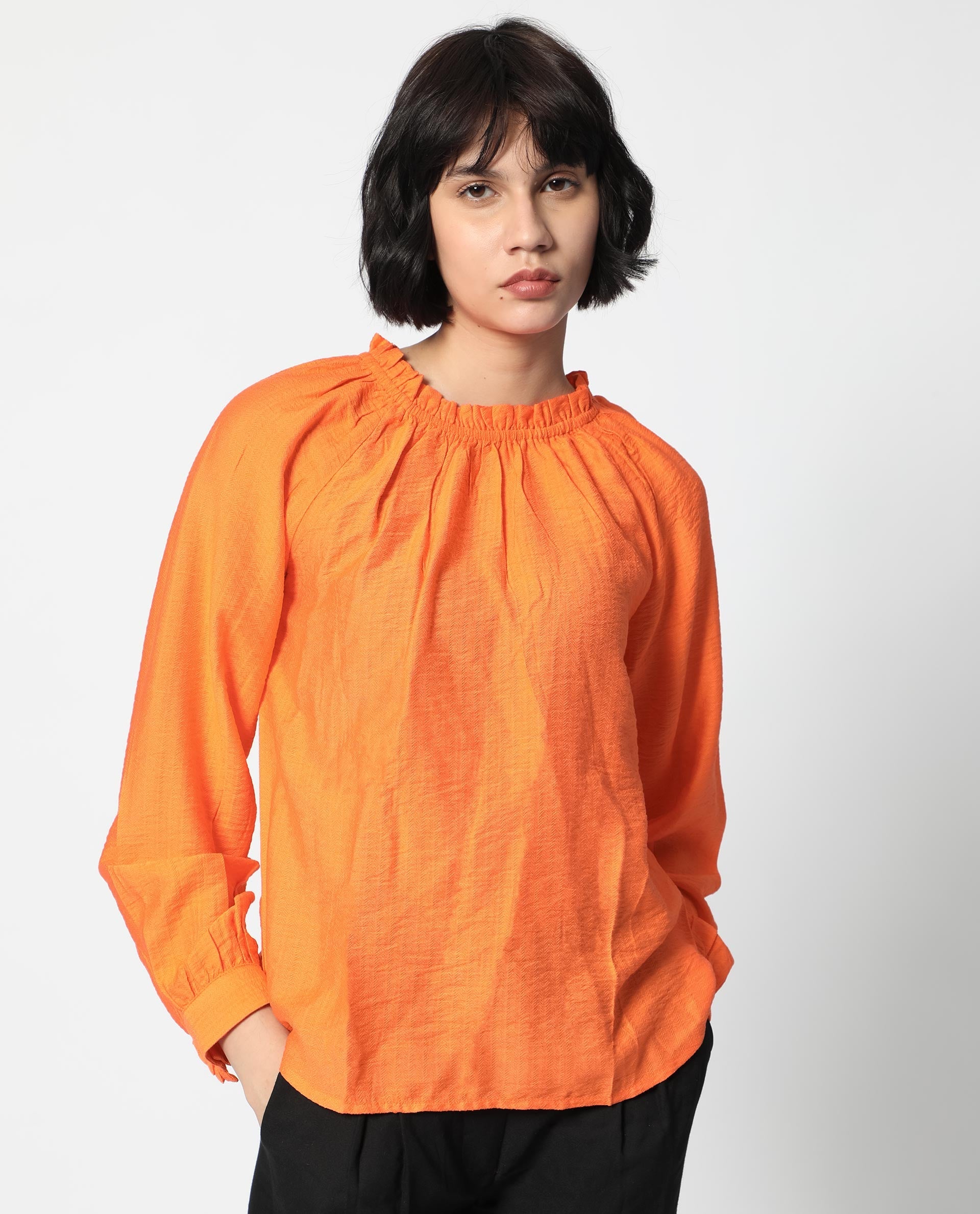 Women'S Harof Dark Orange Poly Viscose Fabric Full Sleeves High Neck Balloon Sleeve Regular Fit Plain Top