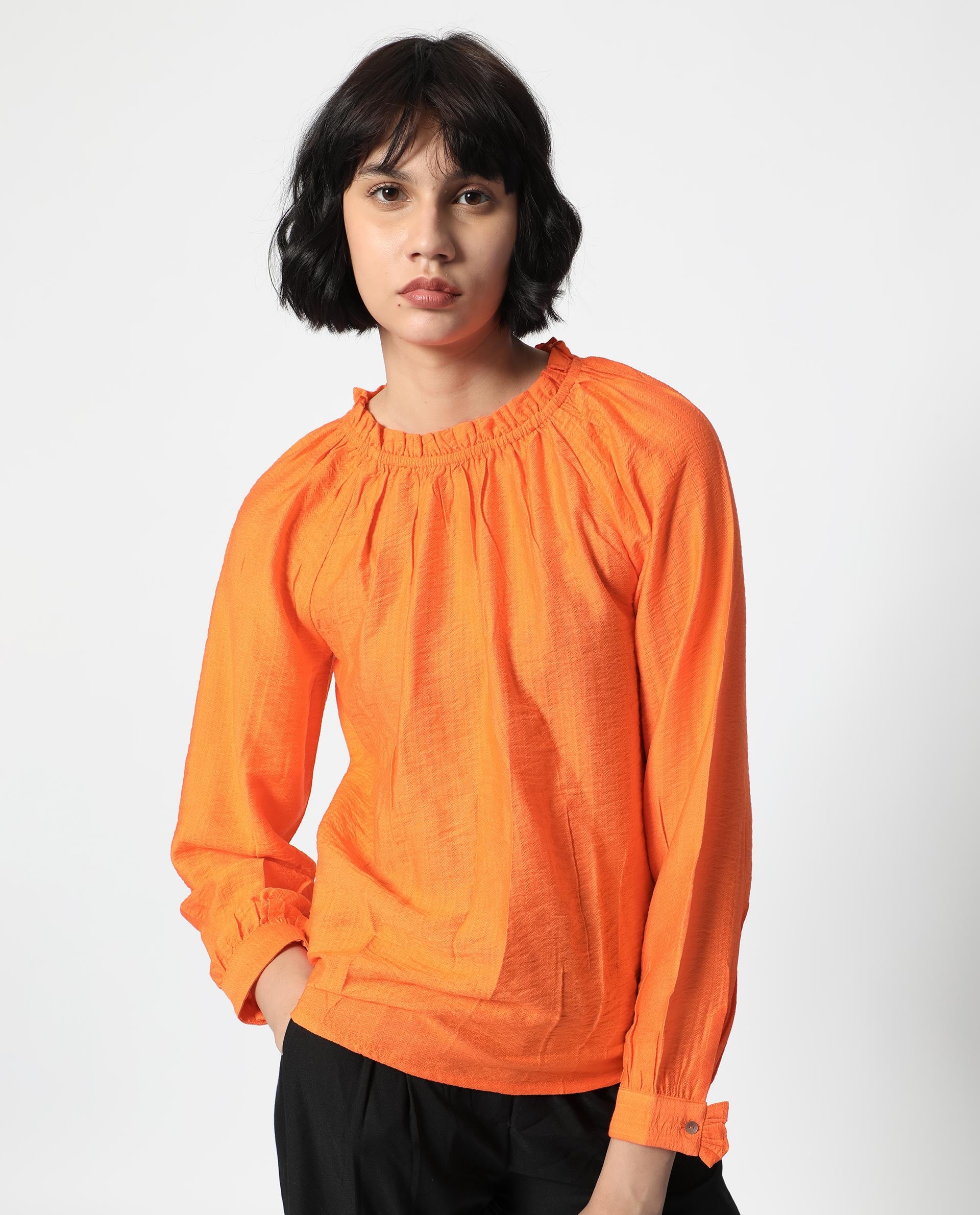 Women'S Harof Dark Orange Poly Viscose Fabric Full Sleeves High Neck Balloon Sleeve Regular Fit Plain Top