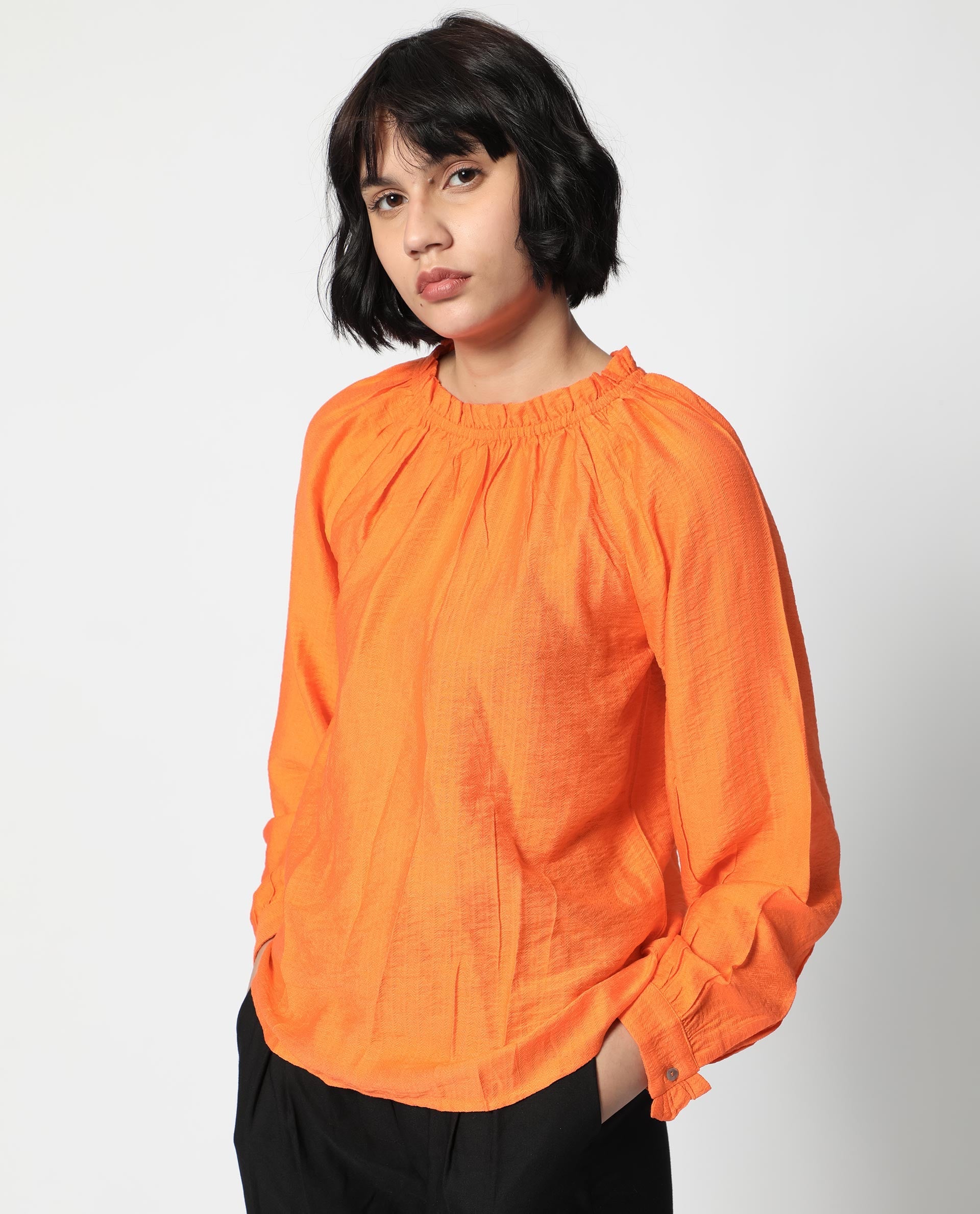 Women'S Harof Dark Orange Poly Viscose Fabric Full Sleeves High Neck Balloon Sleeve Regular Fit Plain Top